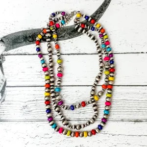 3 Strand Faux Navajo Pearl Necklace in Silver with Multi Color Beads