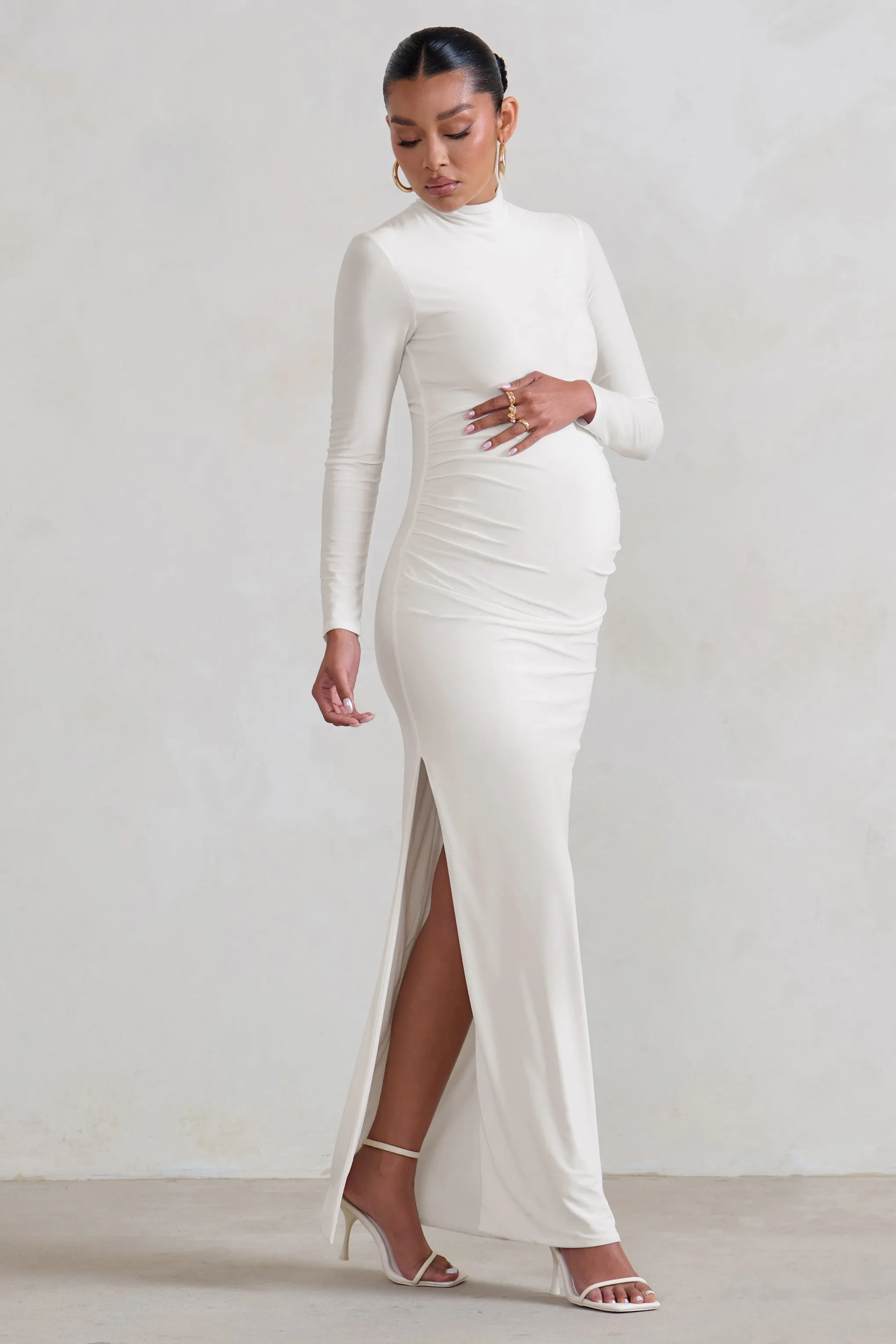 Alejandra | White Maternity Long Sleeve High Neck Maxi Dress