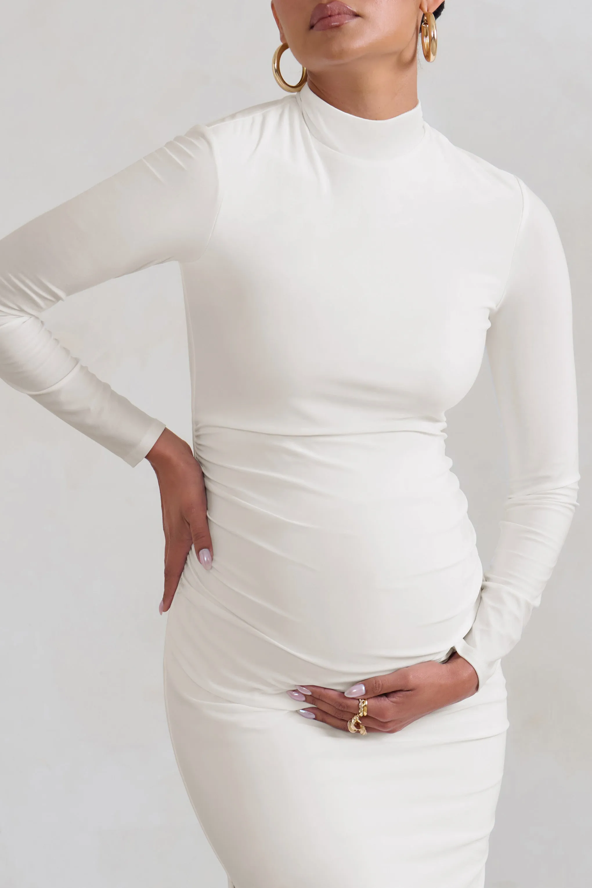 Alejandra | White Maternity Long Sleeve High Neck Maxi Dress