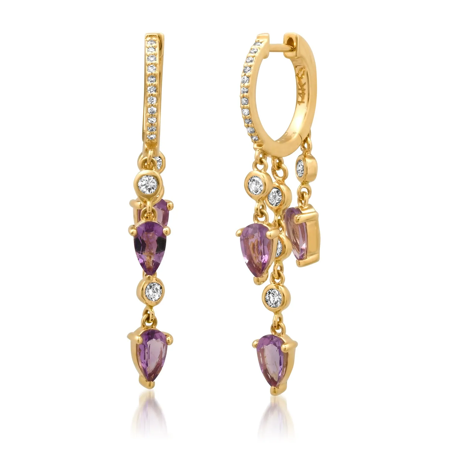 Amethyst & Bezel Diamond Shaker Drop Huggie Hoop Earrings