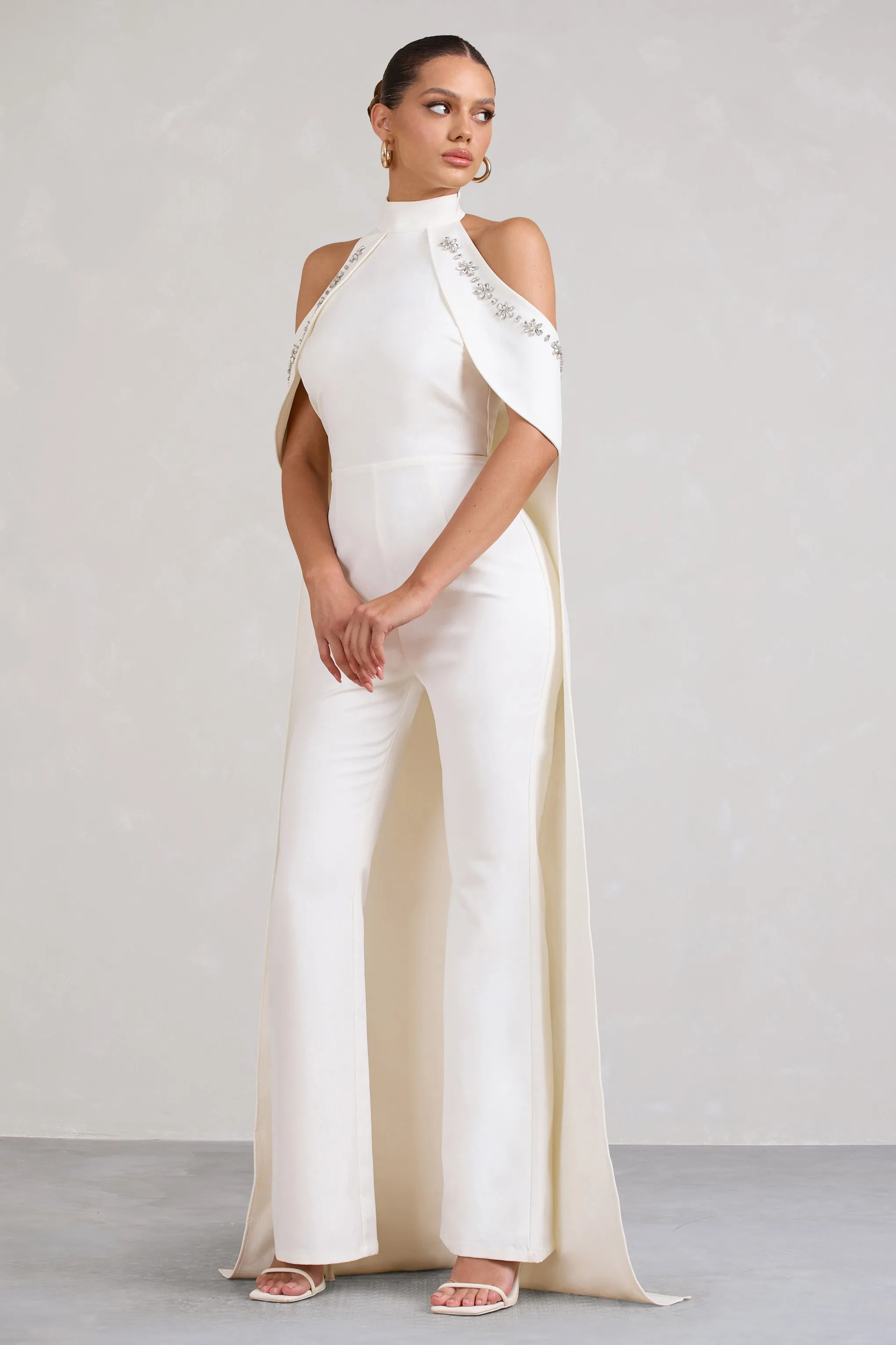 Angel | White High Neck Jumpsuit with Cold Shoulder Cape Sleeves