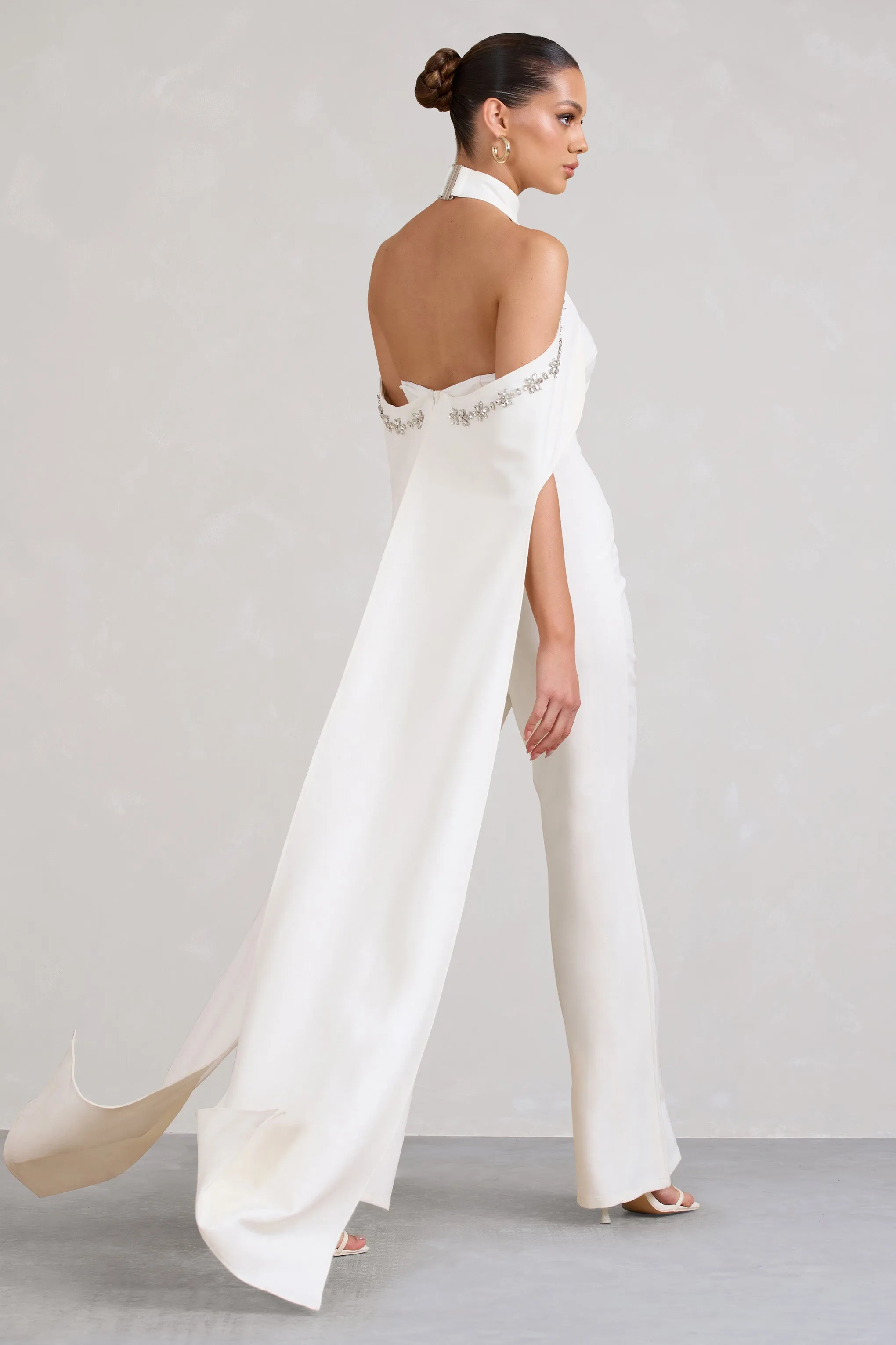 Angel | White High Neck Jumpsuit with Cold Shoulder Cape Sleeves