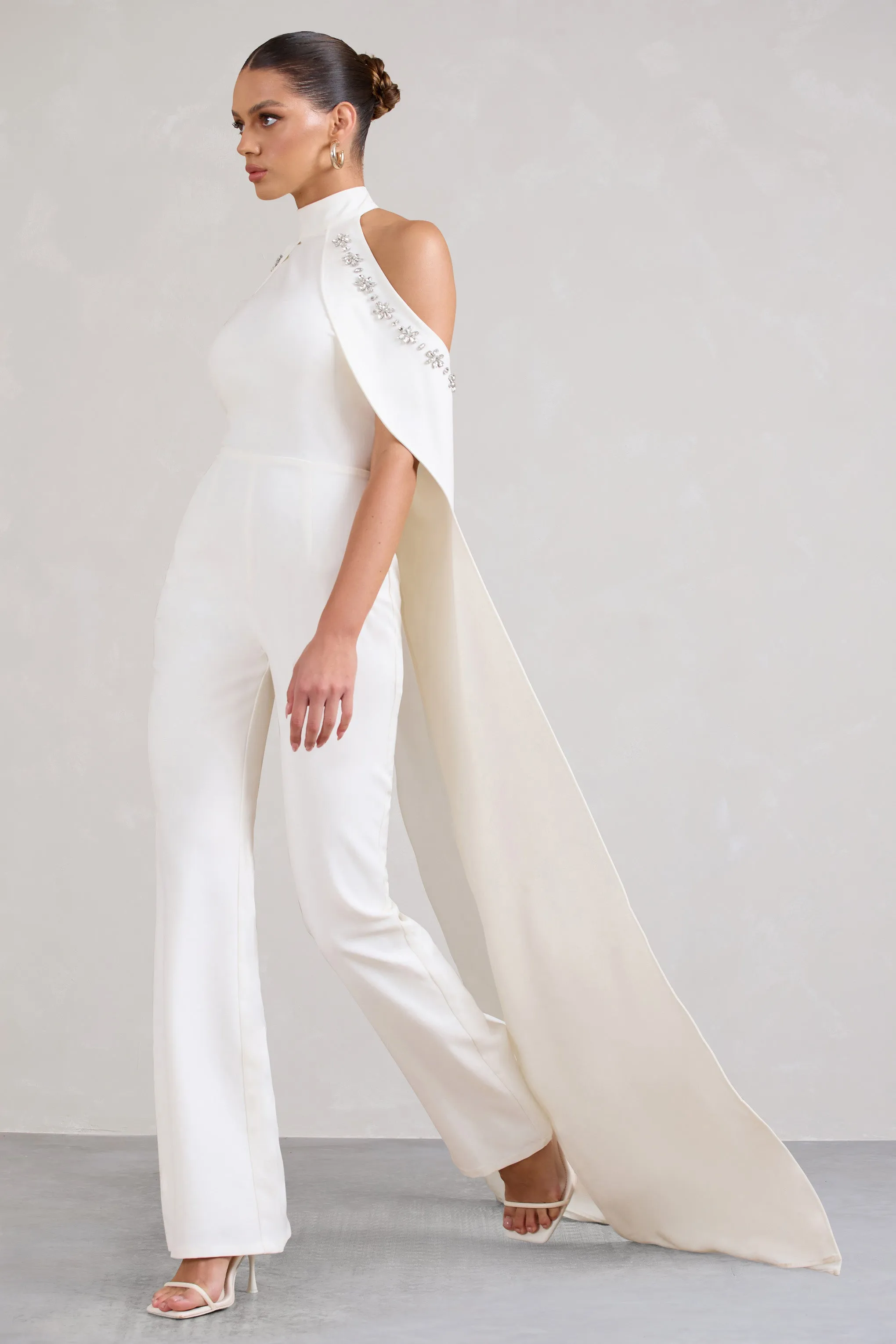 Angel | White High Neck Jumpsuit with Cold Shoulder Cape Sleeves