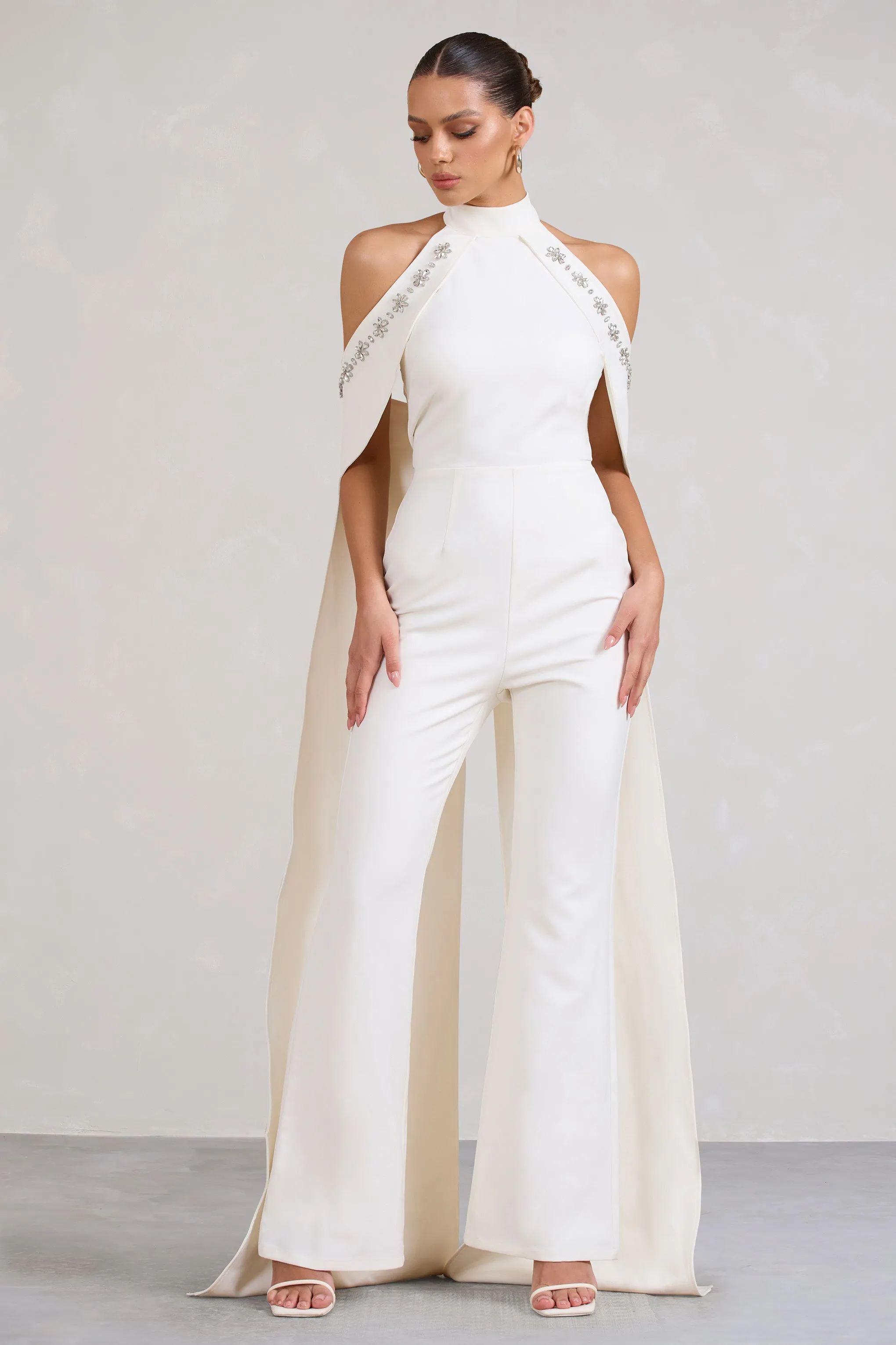 Angel | White High Neck Jumpsuit with Cold Shoulder Cape Sleeves