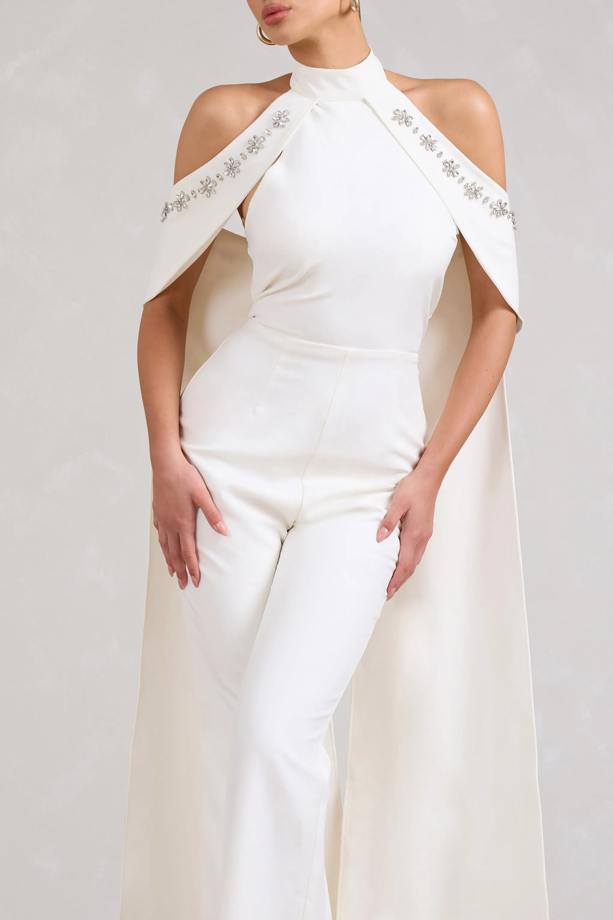 Angel | White High Neck Jumpsuit with Cold Shoulder Cape Sleeves