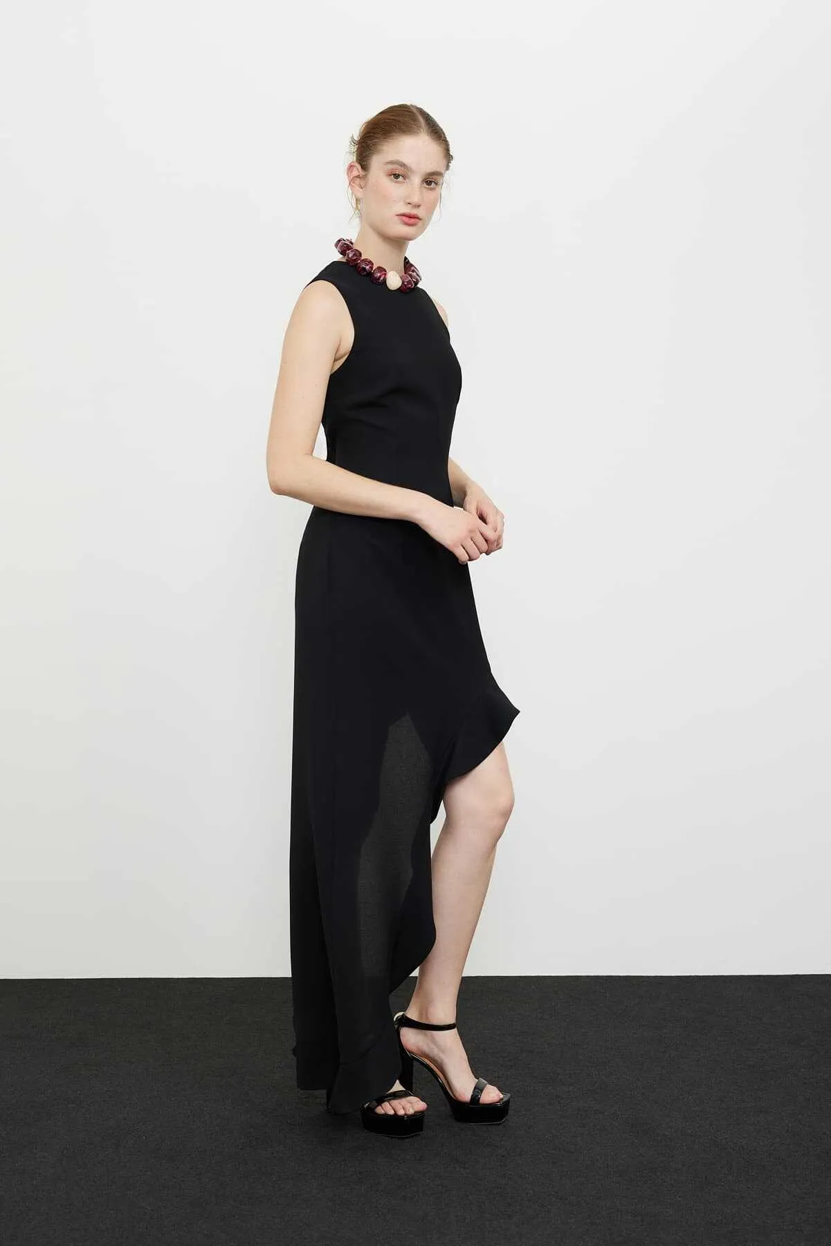 Asymmetric Crepe Dress Black with Flywheel Detail