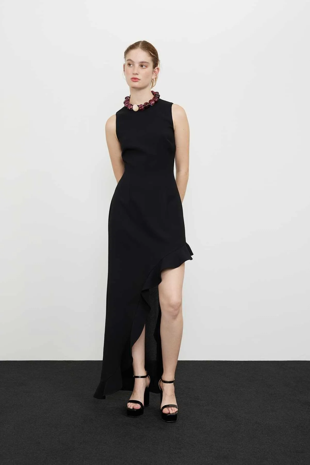 Asymmetric Crepe Dress Black with Flywheel Detail