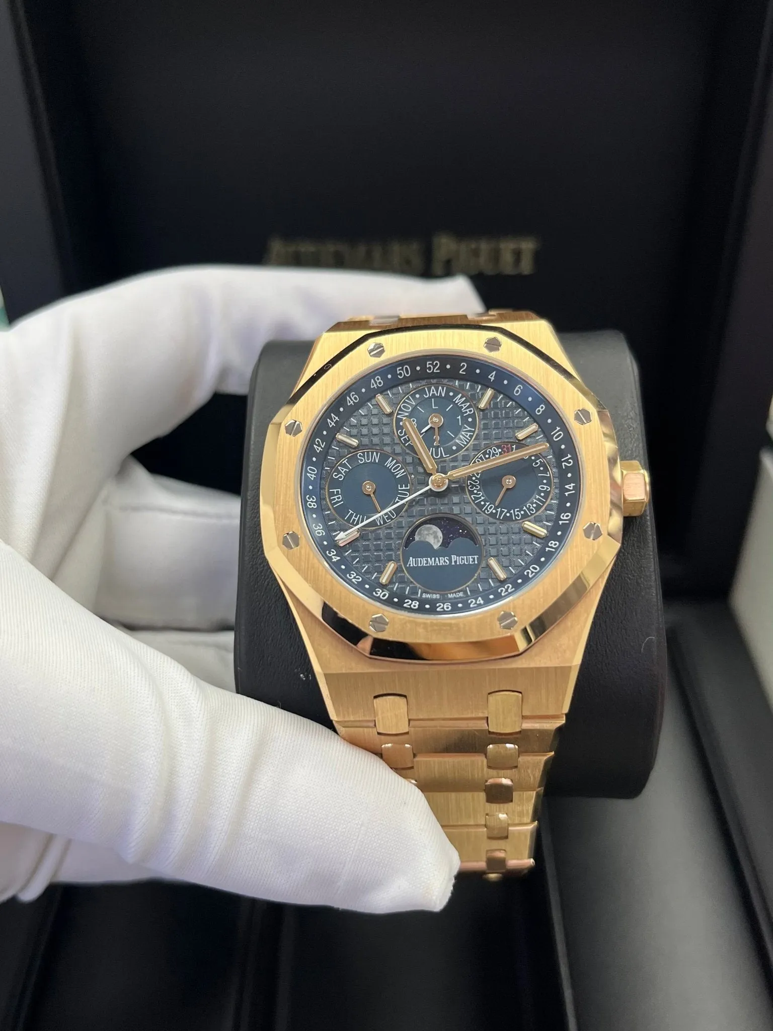 Audemars Piguet Royal Oak Perpetual Calendar/ 18k Rose Gold/ Blue Dial/ Blue Sub-Dials (Ref#26574OR.OO.1220OR.02)