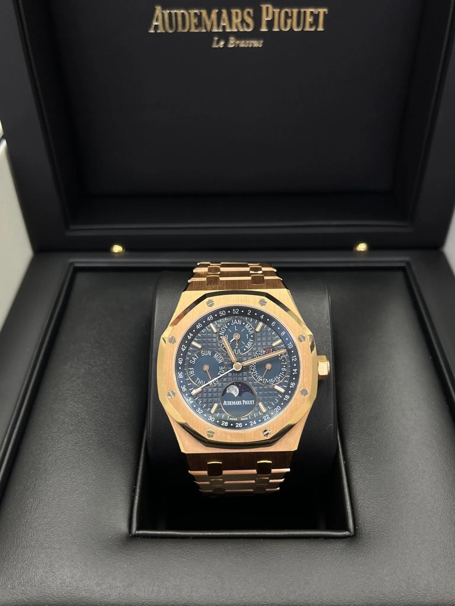 Audemars Piguet Royal Oak Perpetual Calendar/ 18k Rose Gold/ Blue Dial/ Blue Sub-Dials (Ref#26574OR.OO.1220OR.02)