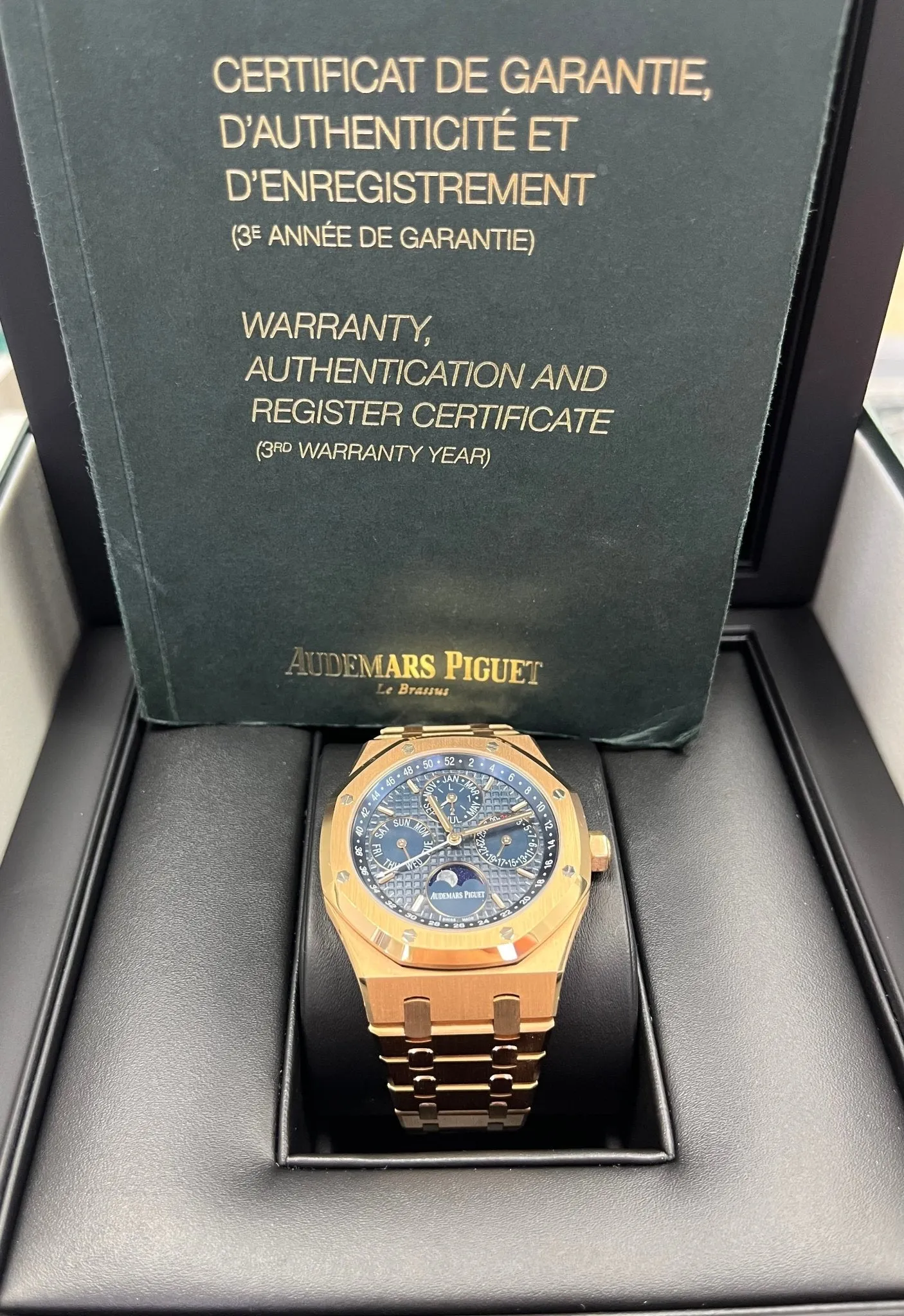 Audemars Piguet Royal Oak Perpetual Calendar/ 18k Rose Gold/ Blue Dial/ Blue Sub-Dials (Ref#26574OR.OO.1220OR.02)