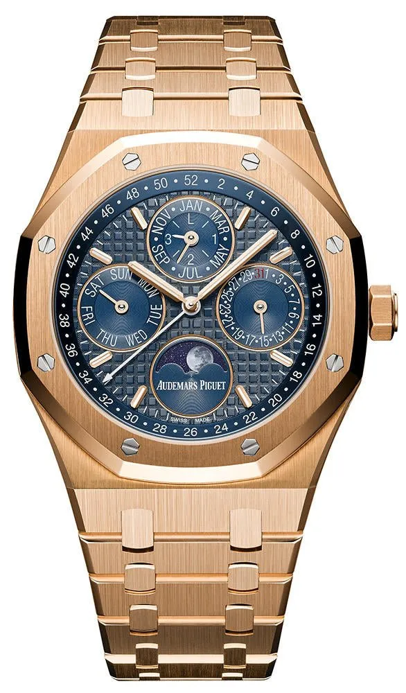 Audemars Piguet Royal Oak Perpetual Calendar/ 18k Rose Gold/ Blue Dial/ Blue Sub-Dials (Ref#26574OR.OO.1220OR.02)