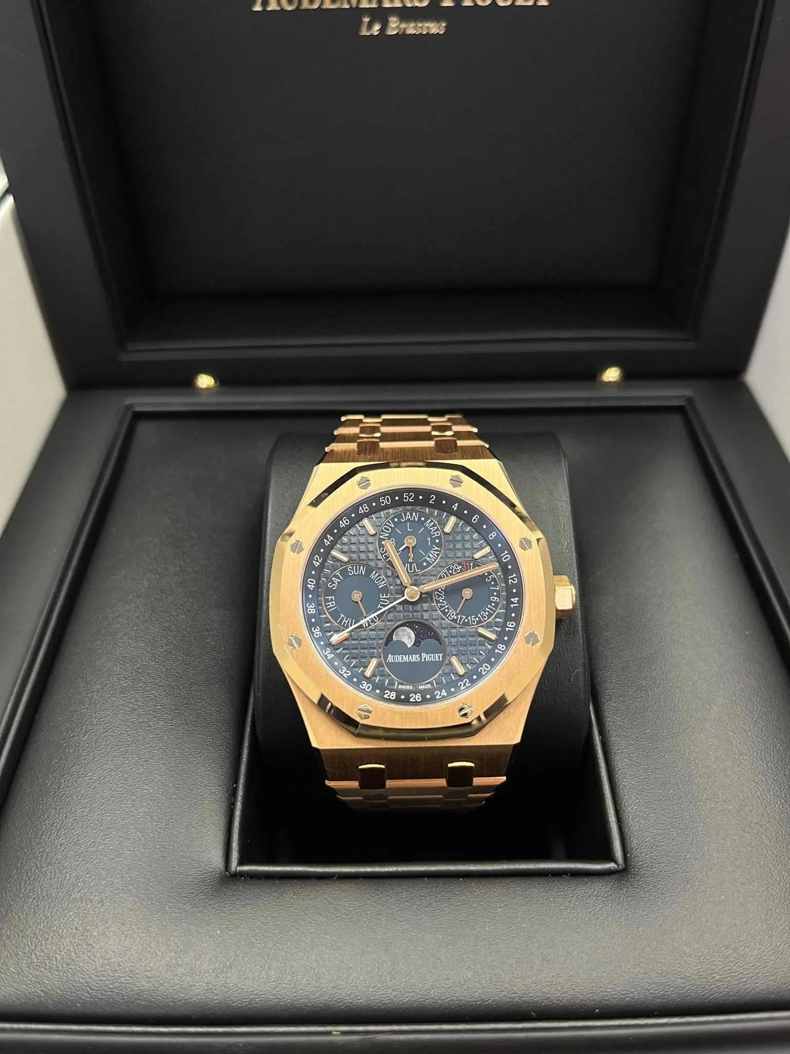 Audemars Piguet Royal Oak Perpetual Calendar/ 18k Rose Gold/ Blue Dial/ Blue Sub-Dials (Ref#26574OR.OO.1220OR.02)