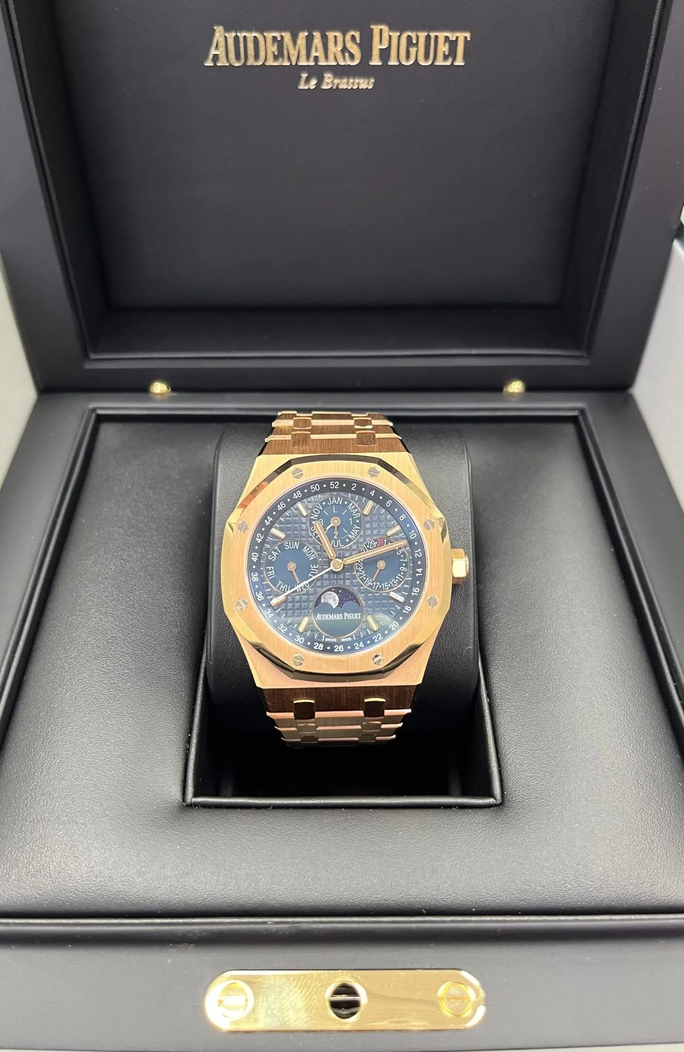 Audemars Piguet Royal Oak Perpetual Calendar/ 18k Rose Gold/ Blue Dial/ Blue Sub-Dials (Ref#26574OR.OO.1220OR.02)