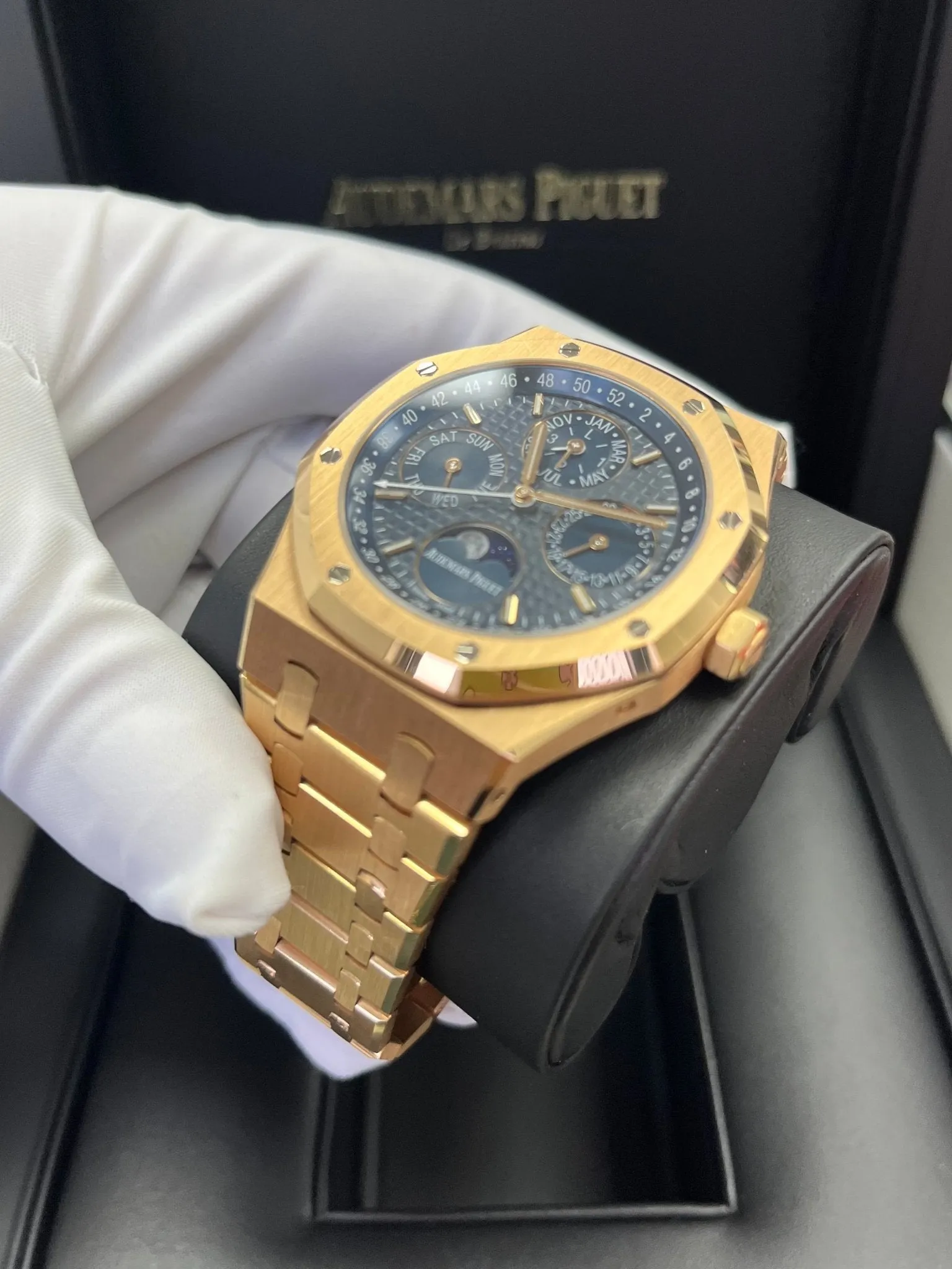 Audemars Piguet Royal Oak Perpetual Calendar/ 18k Rose Gold/ Blue Dial/ Blue Sub-Dials (Ref#26574OR.OO.1220OR.02)