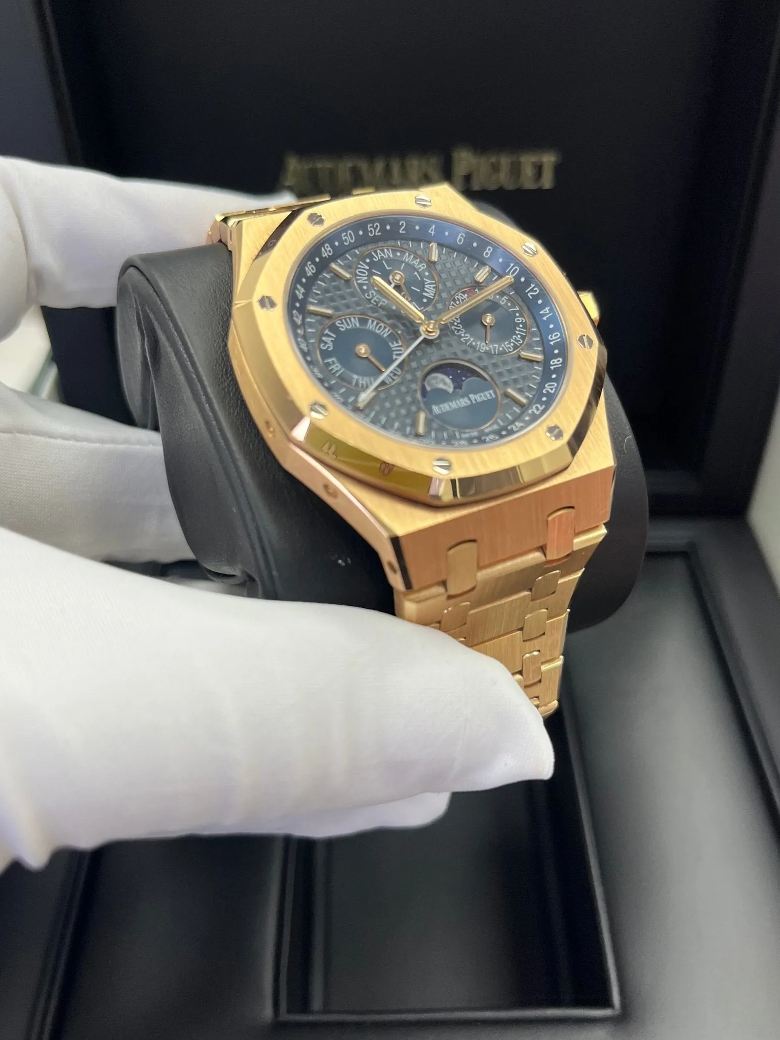 Audemars Piguet Royal Oak Perpetual Calendar/ 18k Rose Gold/ Blue Dial/ Blue Sub-Dials (Ref#26574OR.OO.1220OR.02)