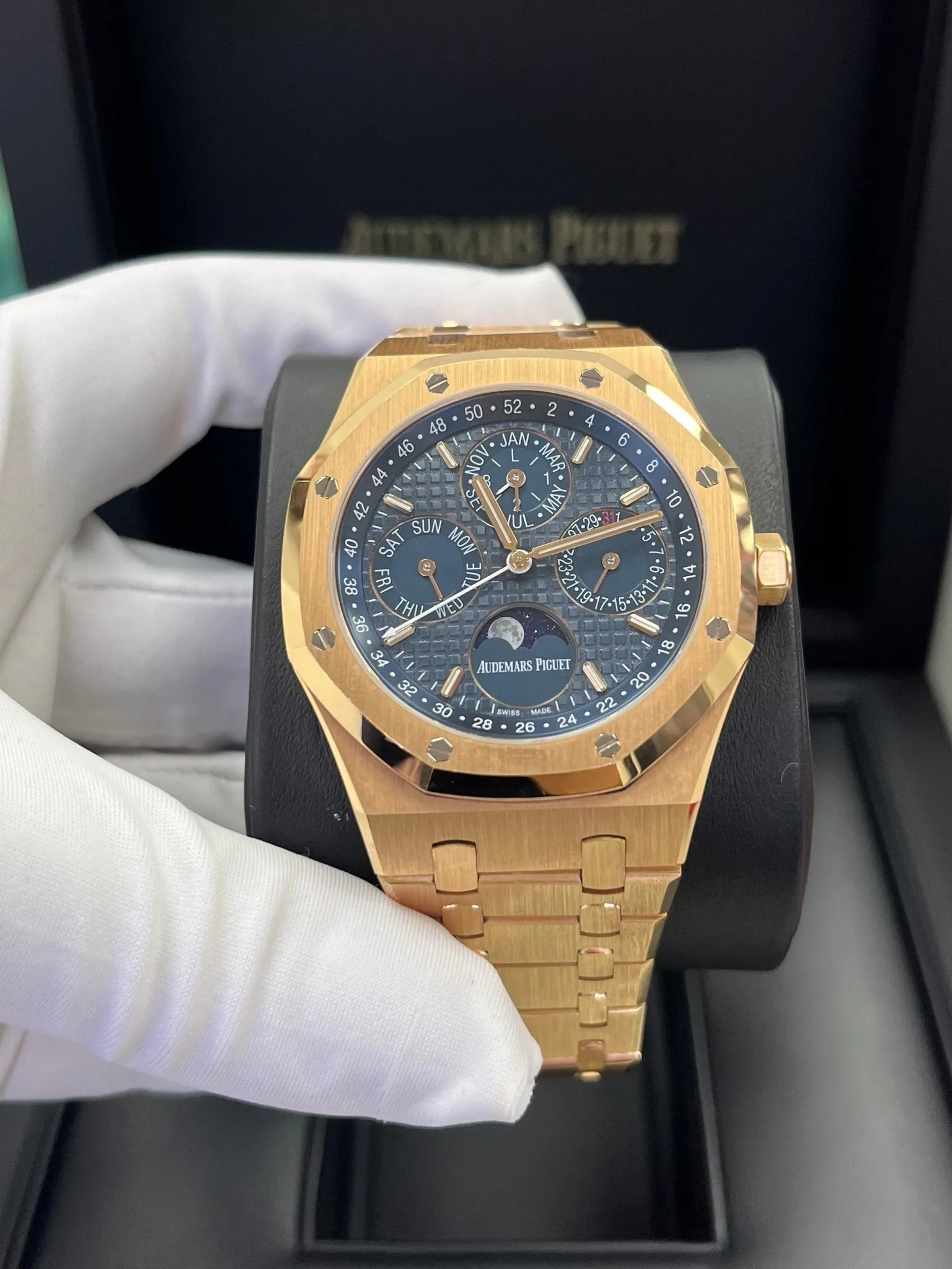 Audemars Piguet Royal Oak Perpetual Calendar/ 18k Rose Gold/ Blue Dial/ Blue Sub-Dials (Ref#26574OR.OO.1220OR.02)