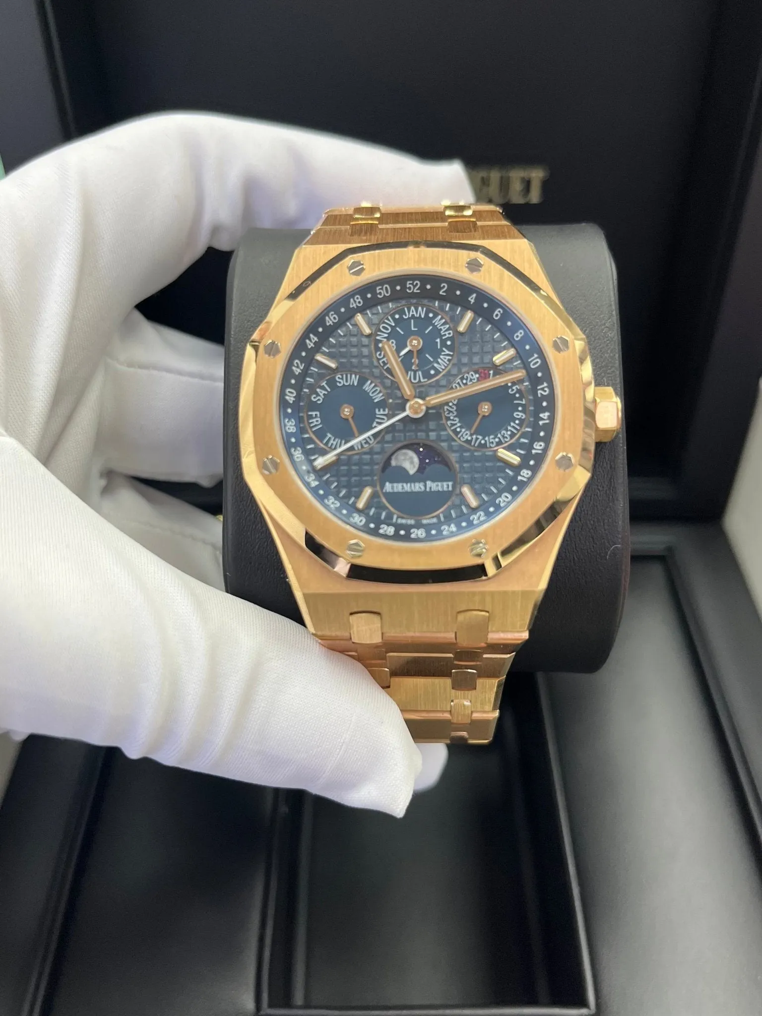 Audemars Piguet Royal Oak Perpetual Calendar/ 18k Rose Gold/ Blue Dial/ Blue Sub-Dials (Ref#26574OR.OO.1220OR.02)