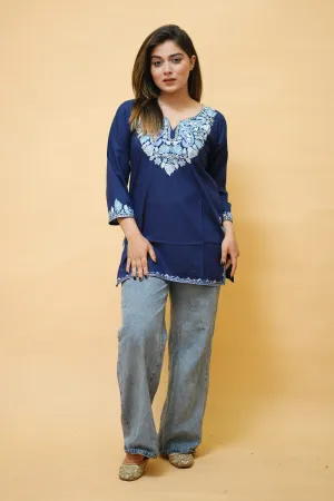 Blue Cotton Aari Work Kurti With Multicoloured Neckline Embroidery