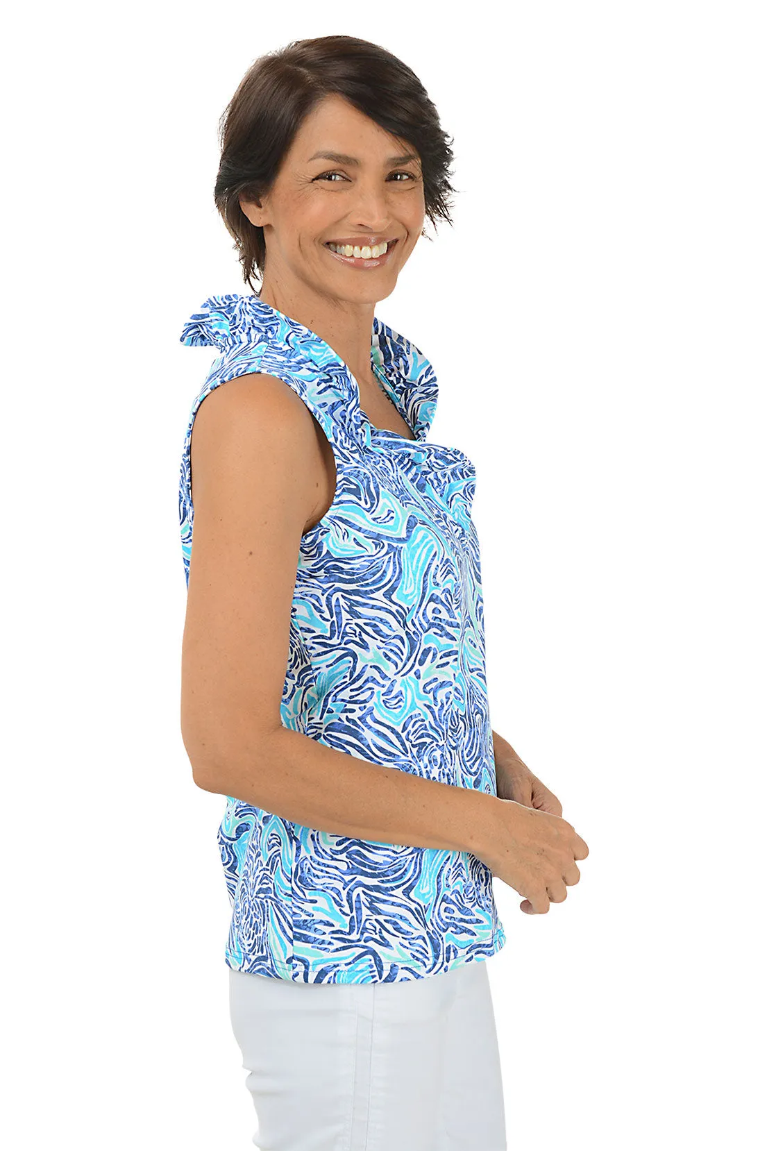 Blue Pineapple Zebra UPF50  Ruffle Sleeveless Top