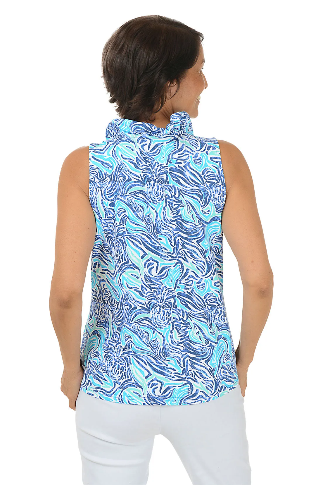 Blue Pineapple Zebra UPF50  Ruffle Sleeveless Top