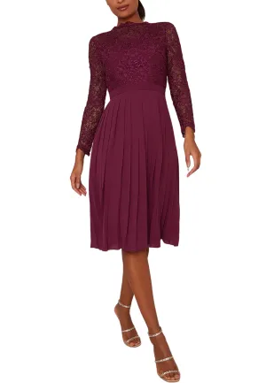 Burgundy High Neck Lace Long Sleeves Midi Dress (Pre-loved)