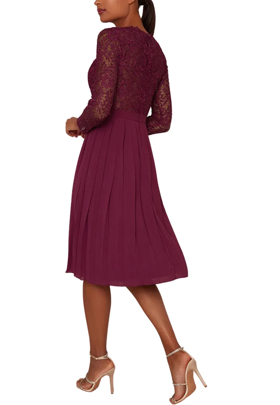 Burgundy High Neck Lace Long Sleeves Midi Dress (Pre-loved)