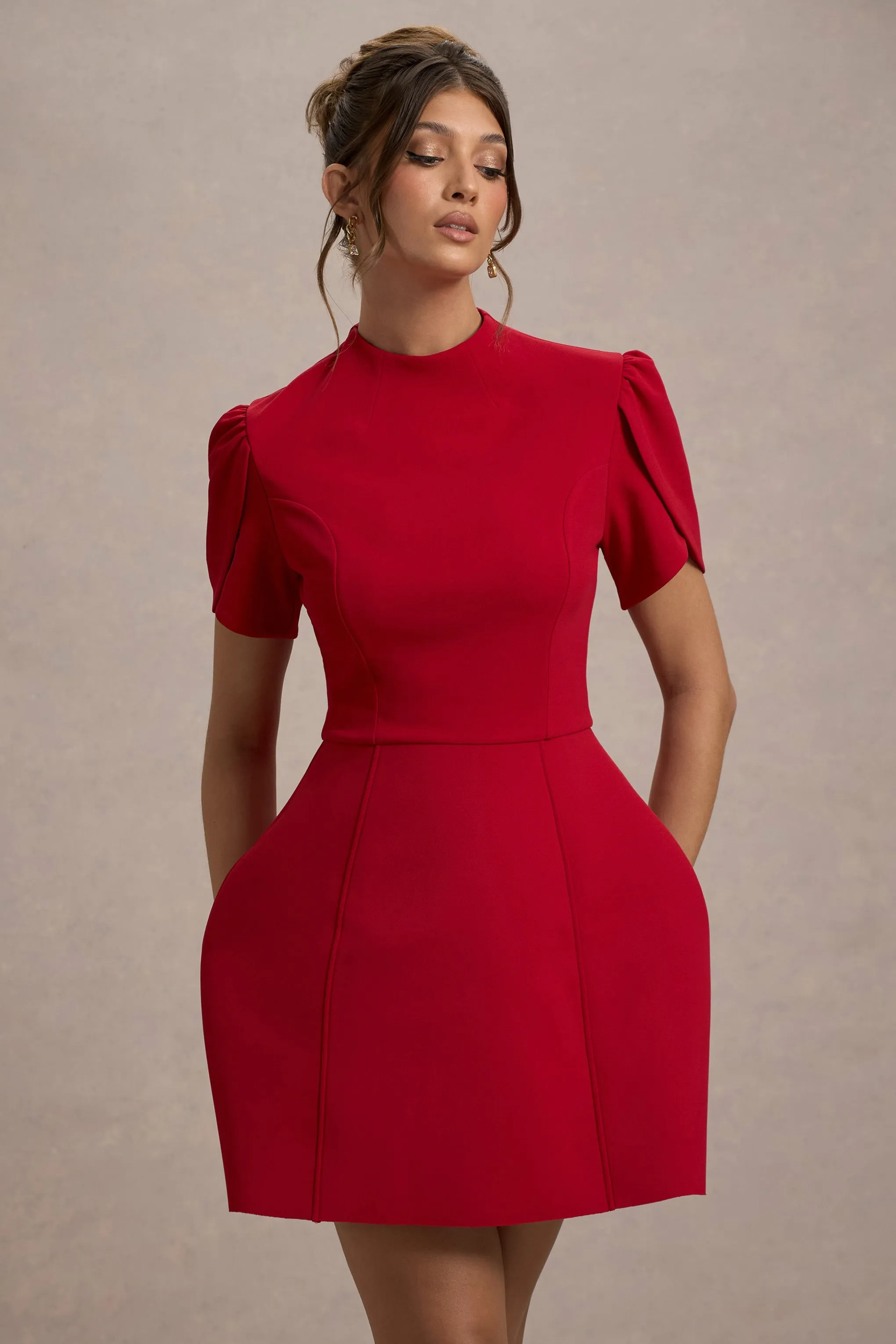 Carabella | Red High-Neck Short-Sleeve Mini Dress