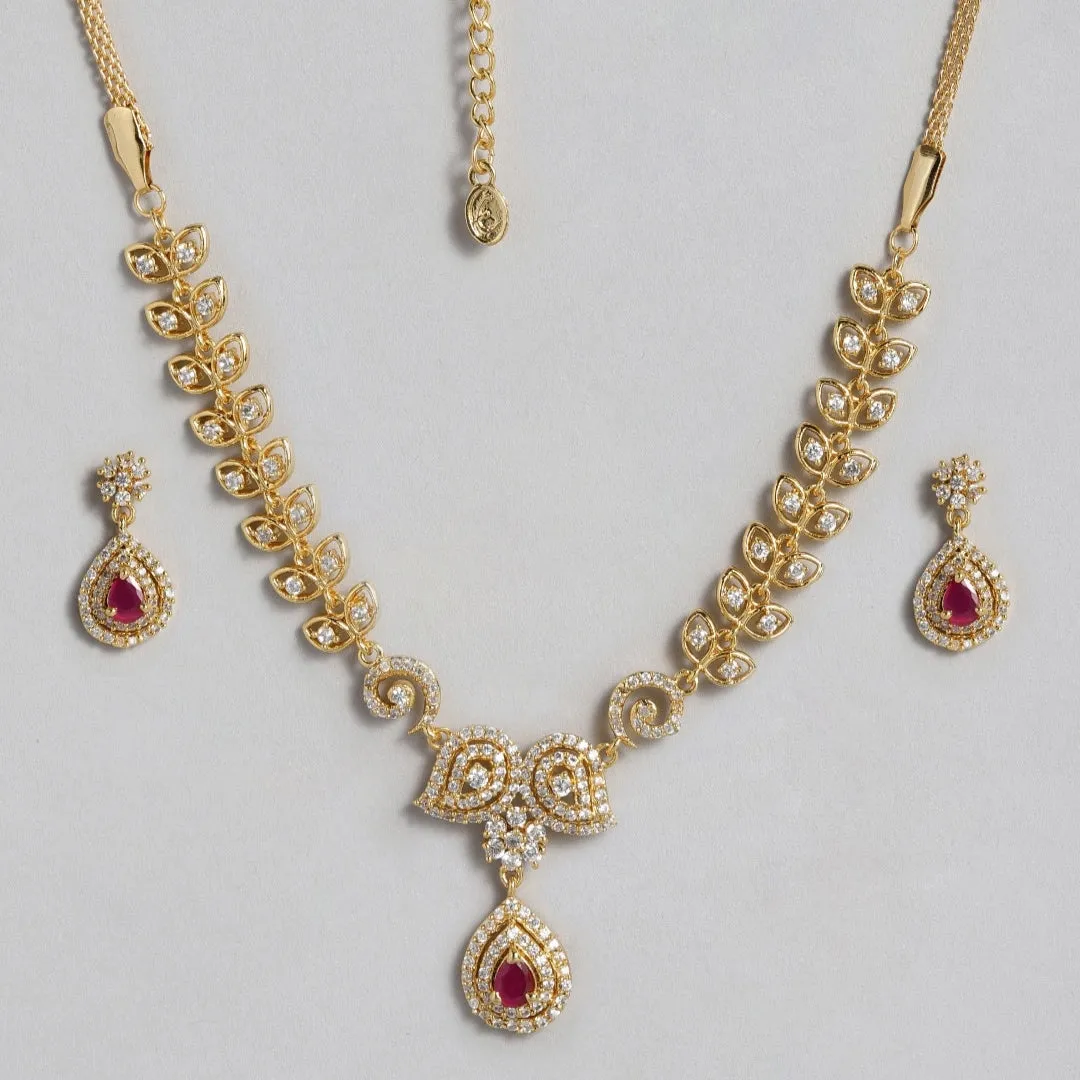 ESTELE - Gold plated Paisley crush Necklace with American diamond and cz ruby