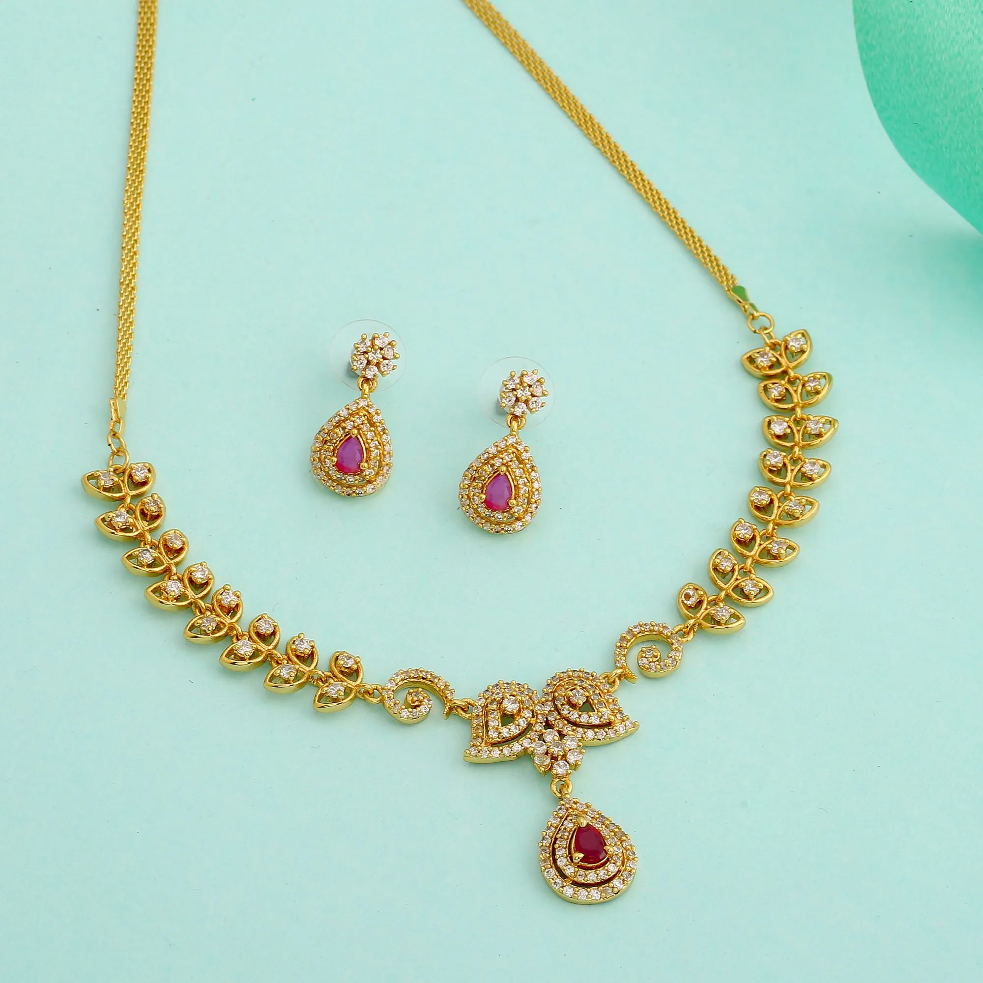 ESTELE - Gold plated Paisley crush Necklace with American diamond and cz ruby