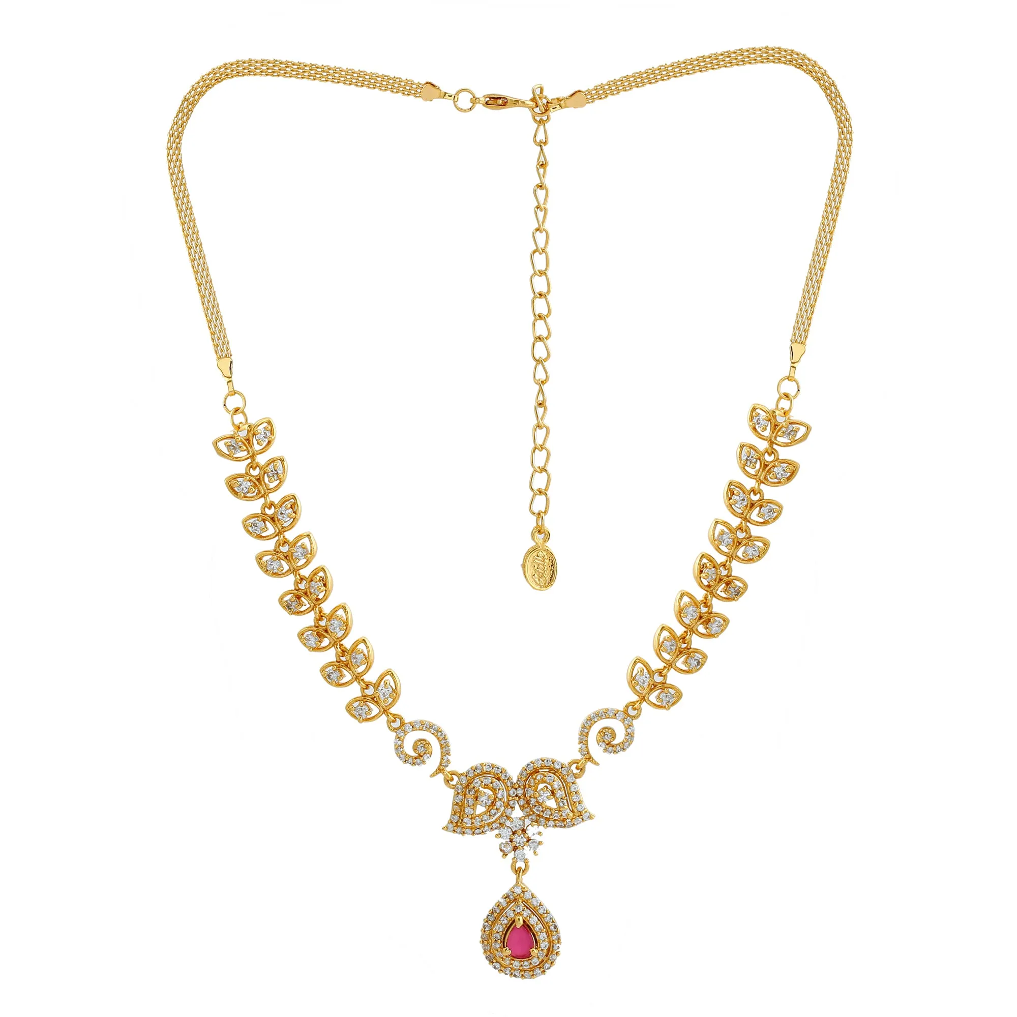 ESTELE - Gold plated Paisley crush Necklace with American diamond and cz ruby