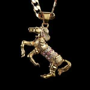 Gold Filled Bonded Horse Pendant with Pink Stones 24 Inch 4mm Cuban Chain