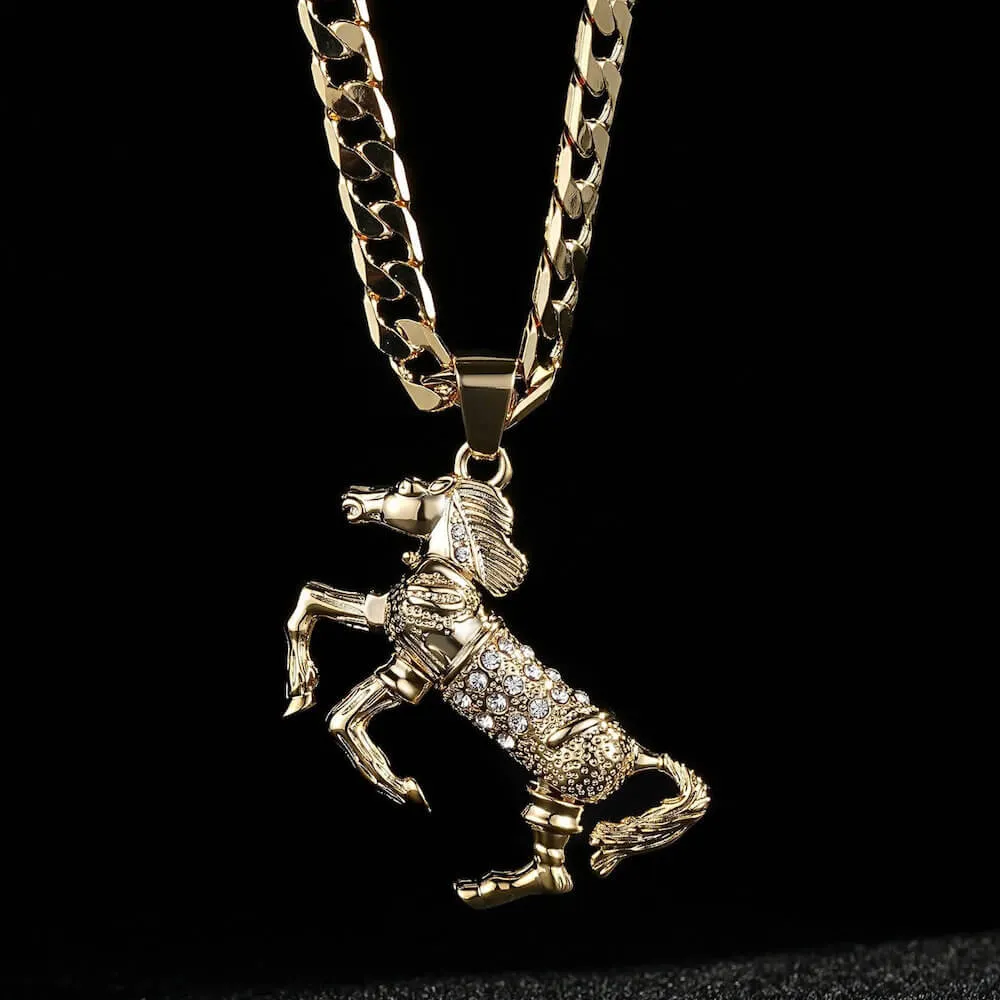 Gold Filled Bonded Horse Pendant with Pink Stones 24 Inch 4mm Cuban Chain