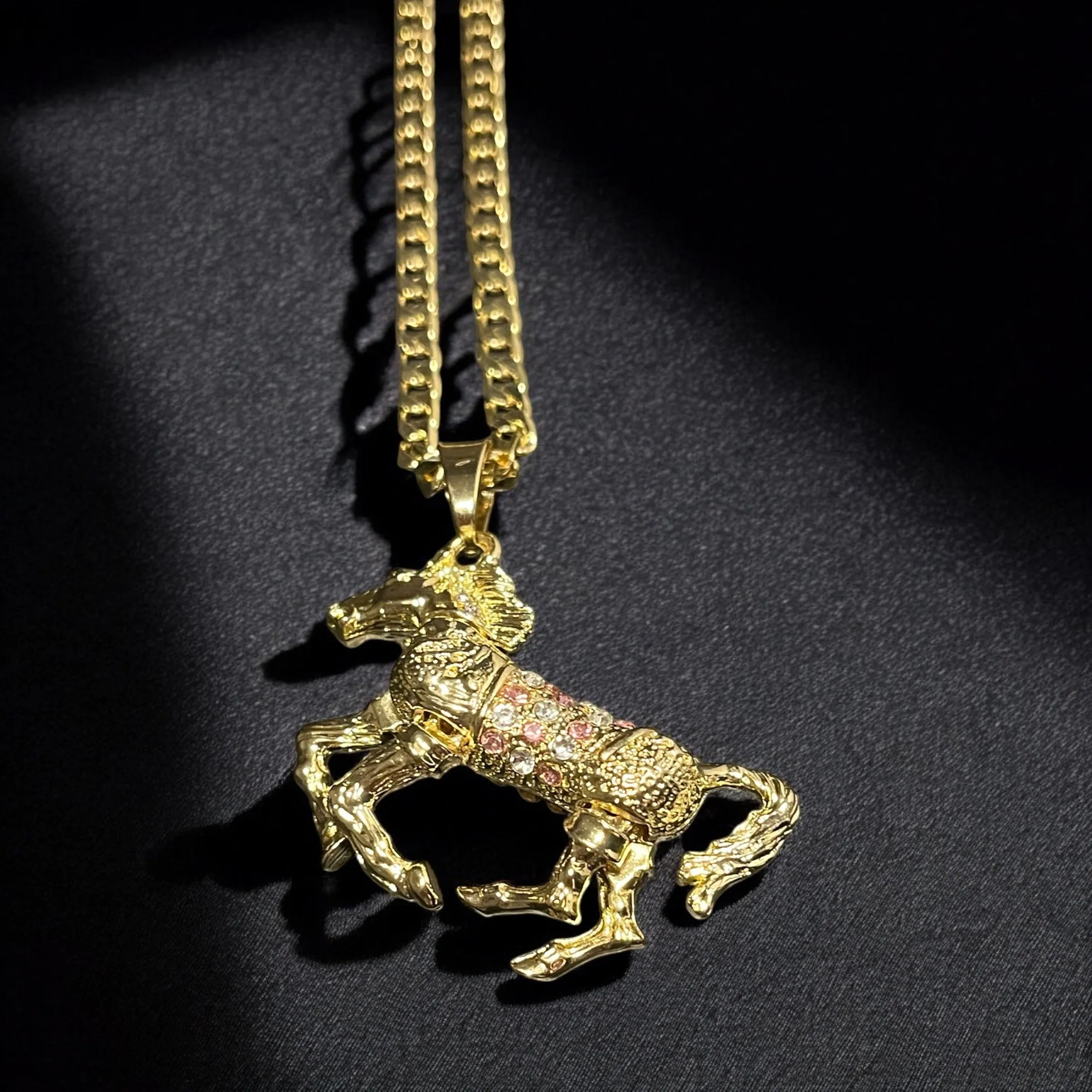 Gold Filled Bonded Horse Pendant with Pink Stones 24 Inch 4mm Cuban Chain