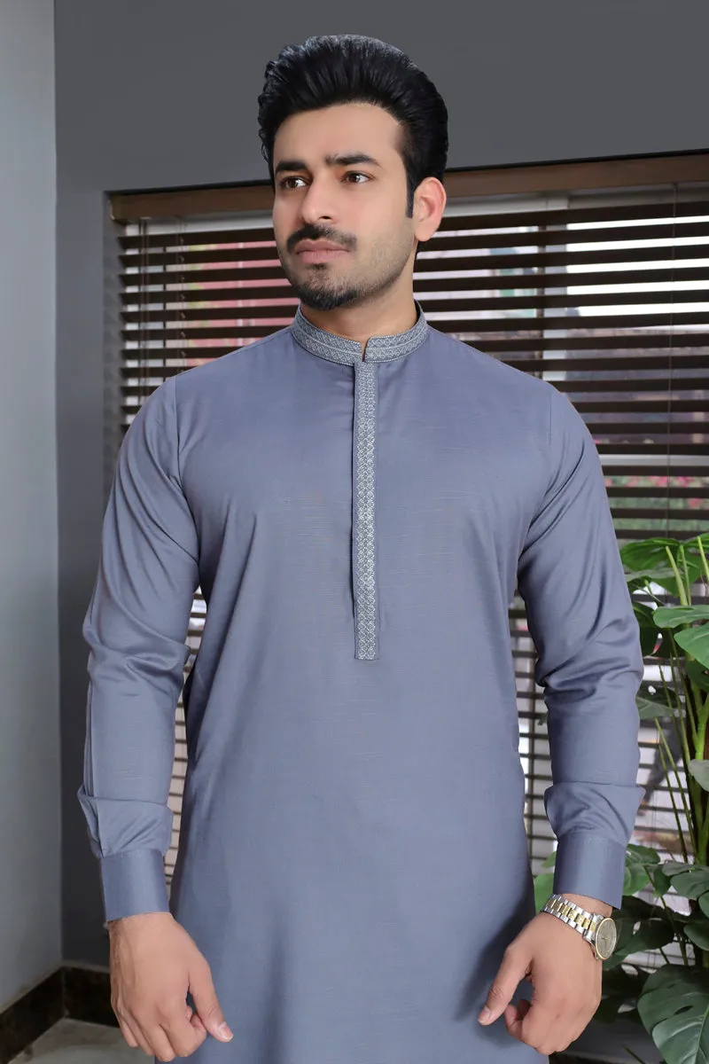 Men Blended Wash-n-Wear Kameez Shalwar Grey-Emb