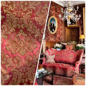 NEW Prince Liam Designer Medallion Satin Drapery Upholstery Fabric - Red & Gold