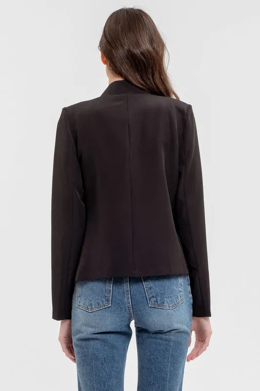 Notch Collar Long Sleeve Blazer - Black