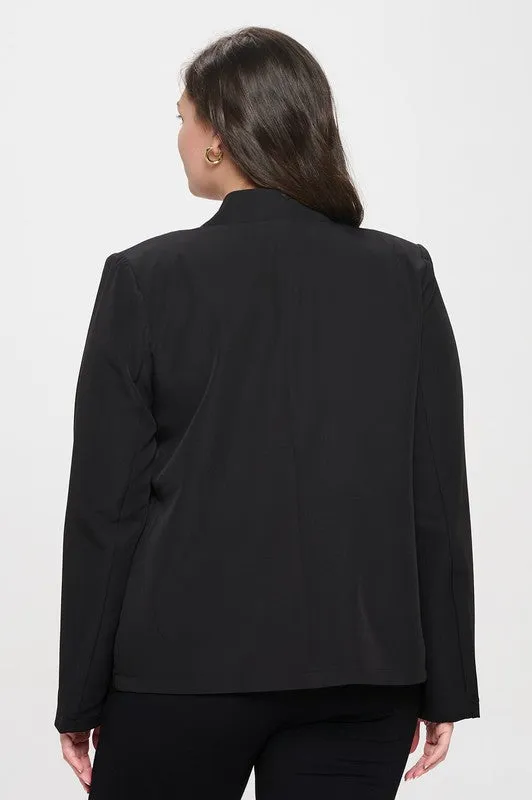 Notch Collar Long Sleeve Blazer - Black