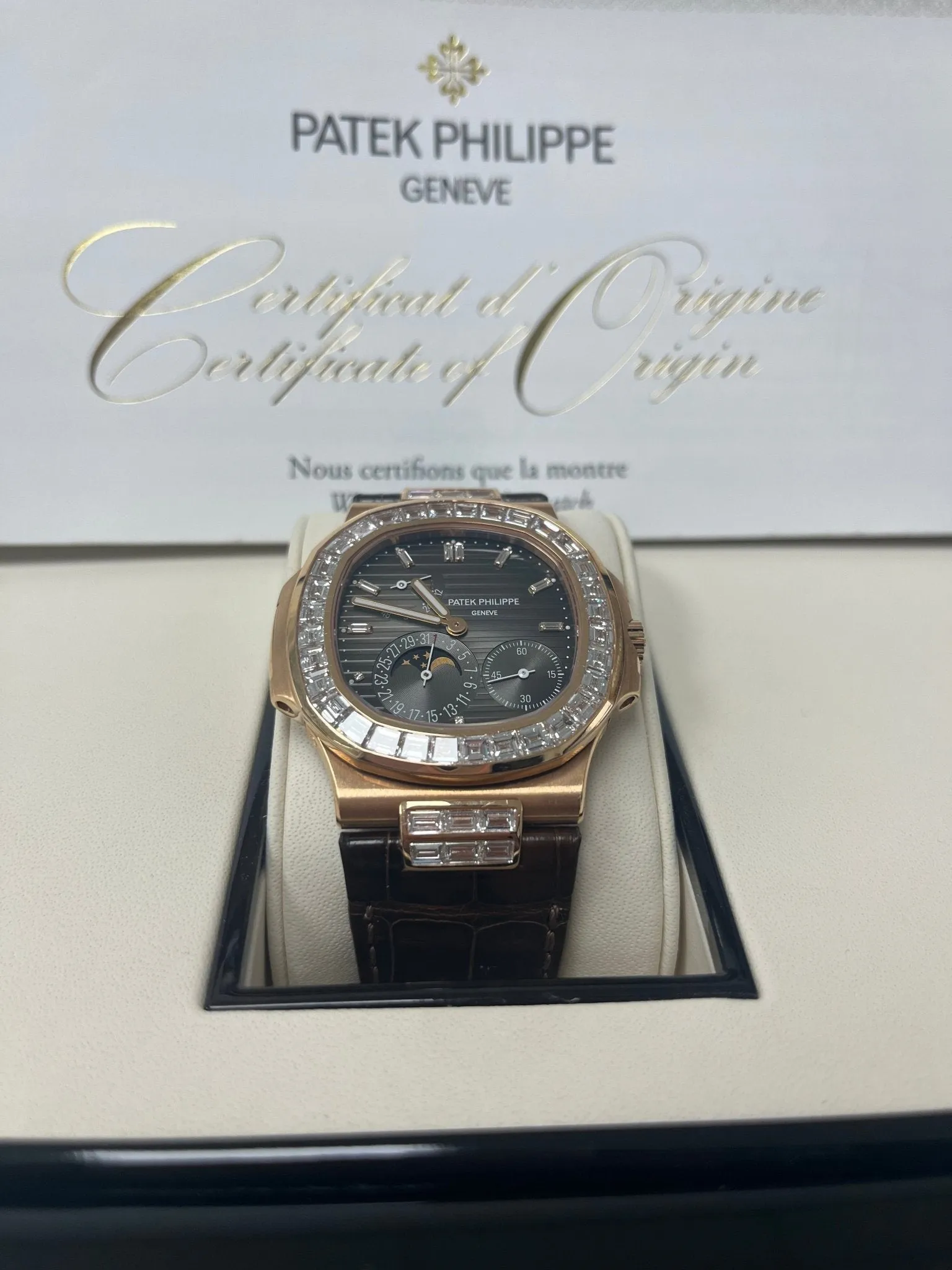 Patek Philippe Nautilus Rose Gold Diamond Bezel & Moon Phase Brown Dial 5724R 001