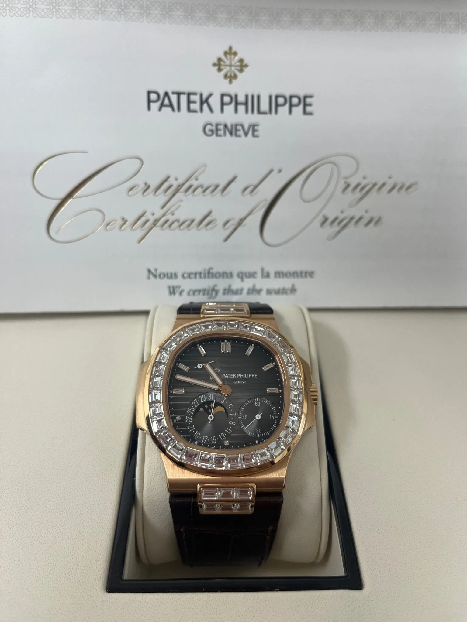 Patek Philippe Nautilus Rose Gold Diamond Bezel & Moon Phase Brown Dial 5724R 001