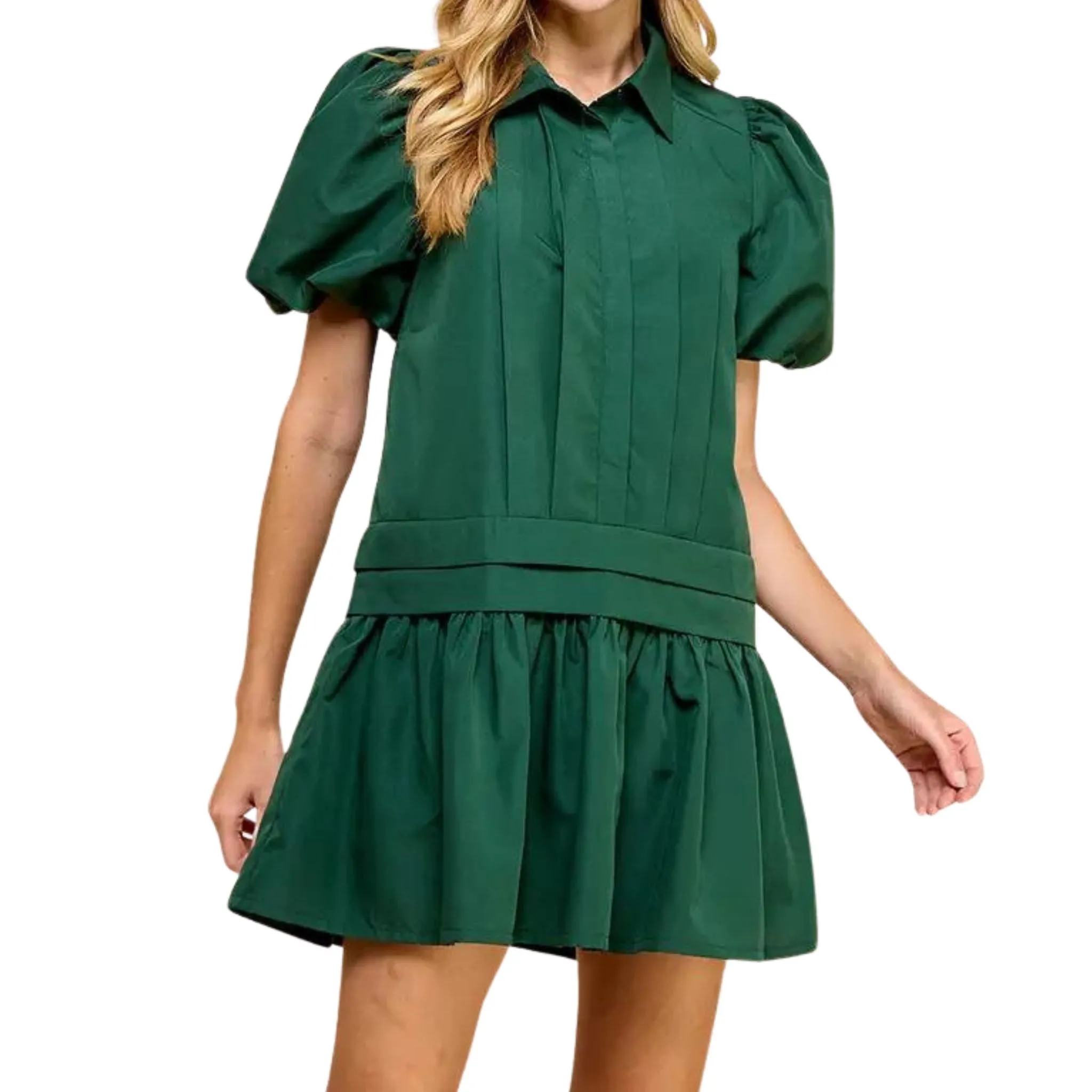 Pleat Detail Puff Sleeve Shirt Dress