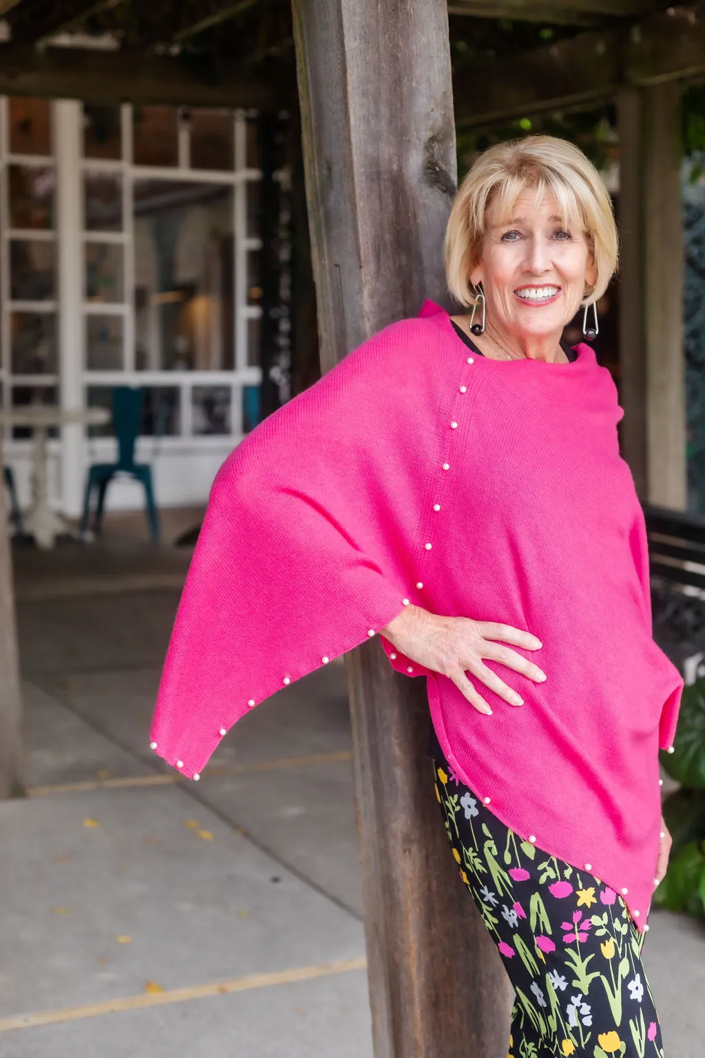 Poncho W/ Pearls | Hot Pink