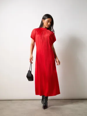 Red High Neck Plisse Dress