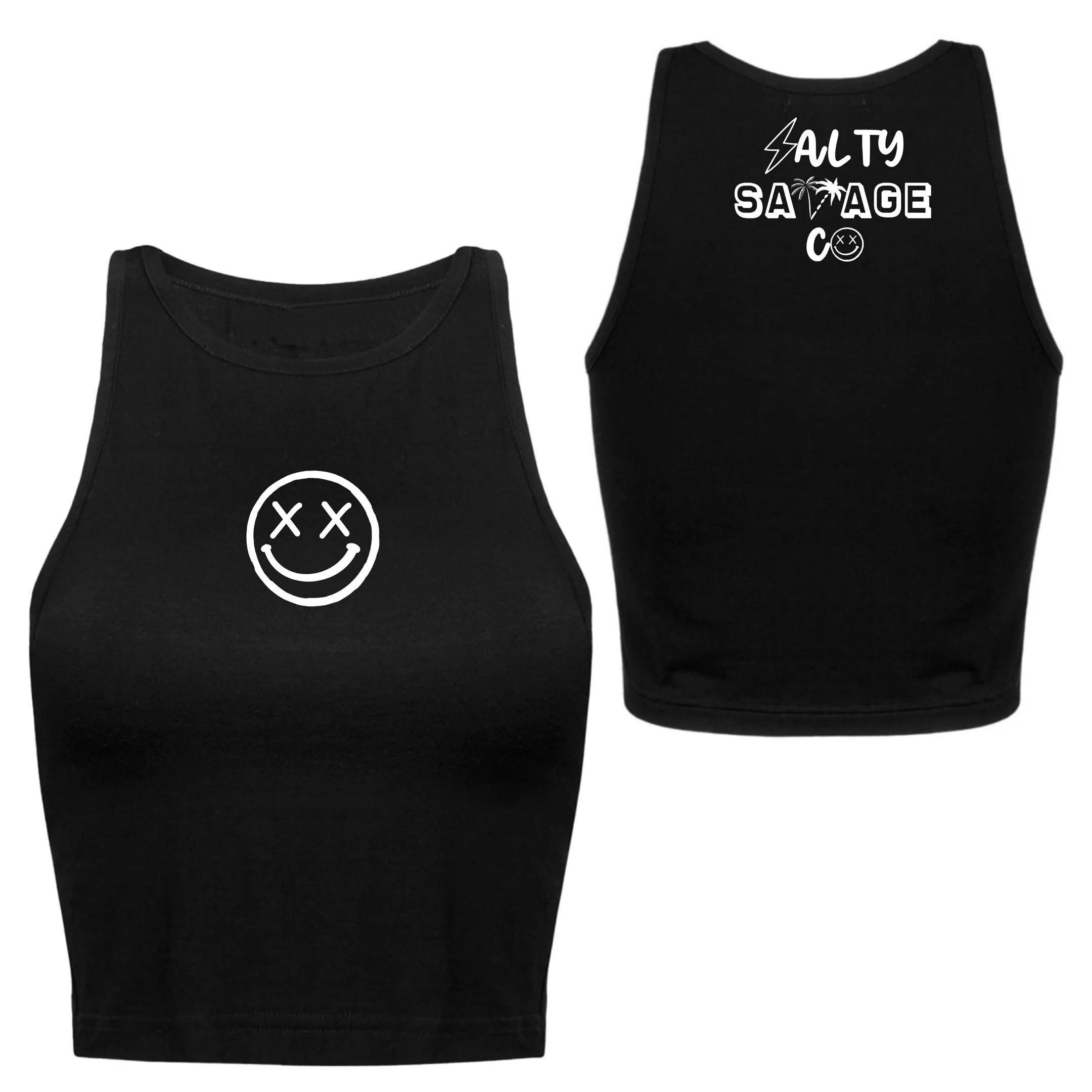 Salty Savage Ladies "OG Smile" High Neck Sleeveless Crop Tank | Micro