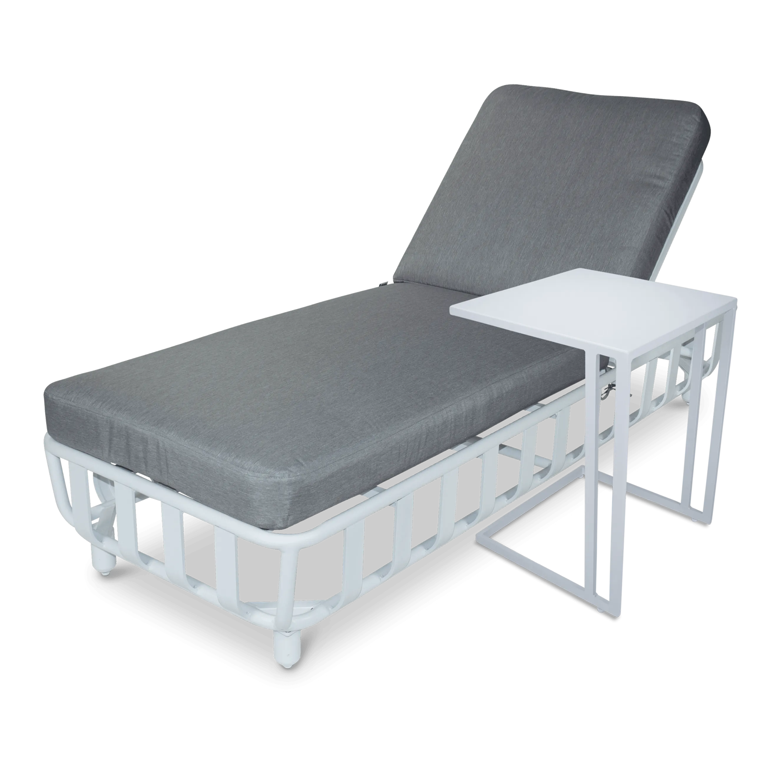 Sorrento Sunlounger & Mykonos Large Side Table in Arctic White with Spuncrylic Stone Grey Cushions