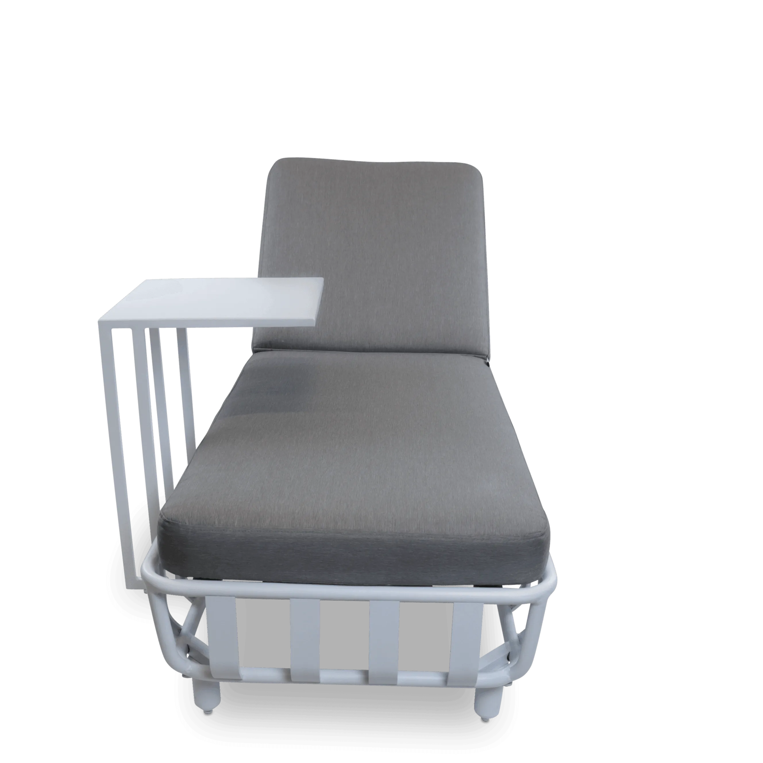 Sorrento Sunlounger & Mykonos Large Side Table in Arctic White with Spuncrylic Stone Grey Cushions