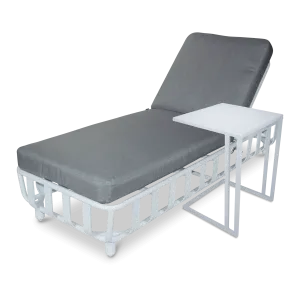 Sorrento Sunlounger & Mykonos Large Side Table in Arctic White with Spuncrylic Stone Grey Cushions