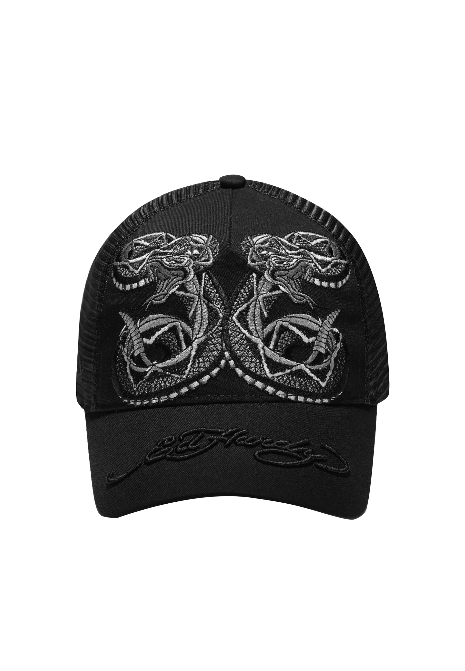 Unisex Duo Black Snake Twill Front Mesh Trucker - Black/Black