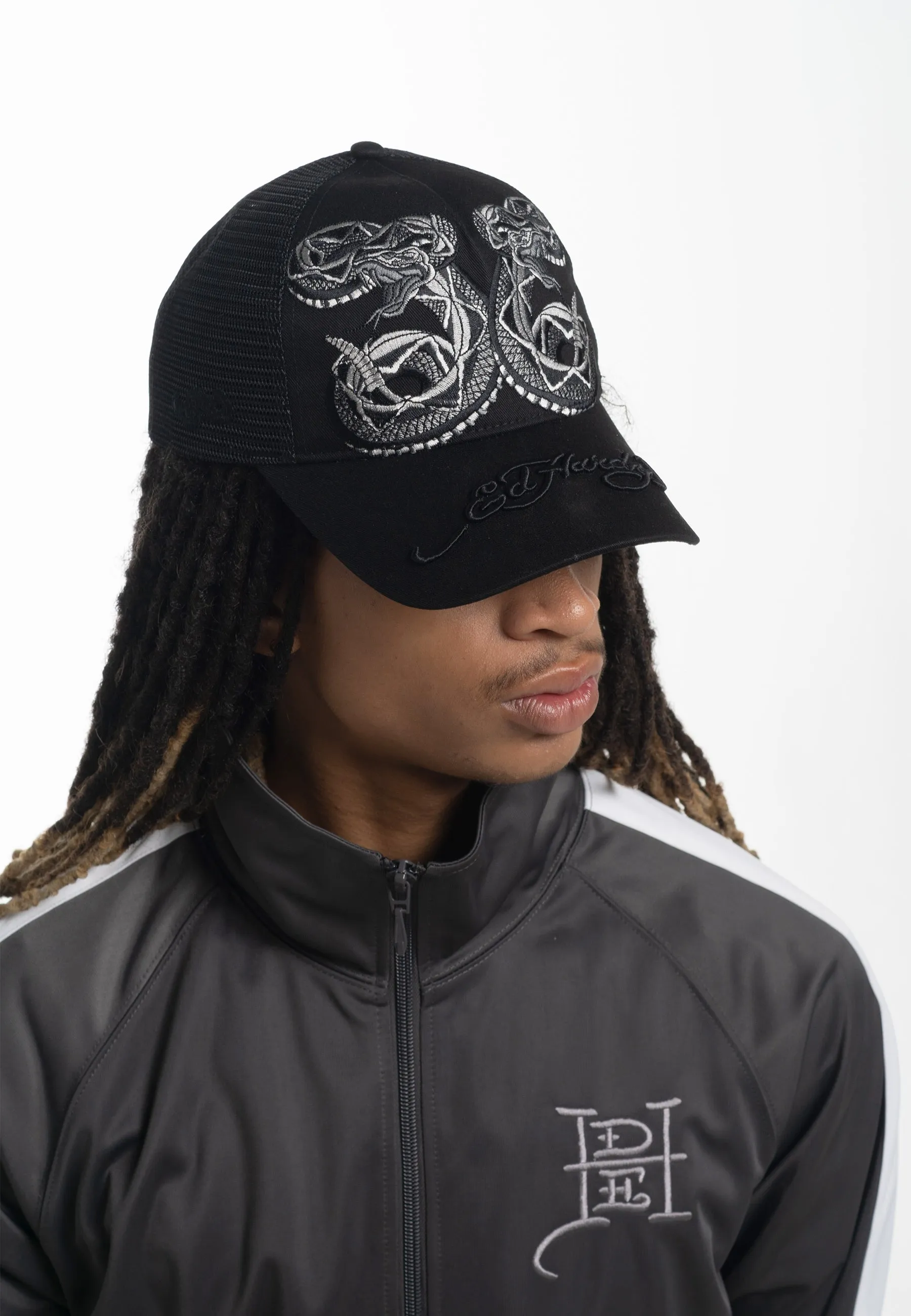 Unisex Duo Black Snake Twill Front Mesh Trucker - Black/Black