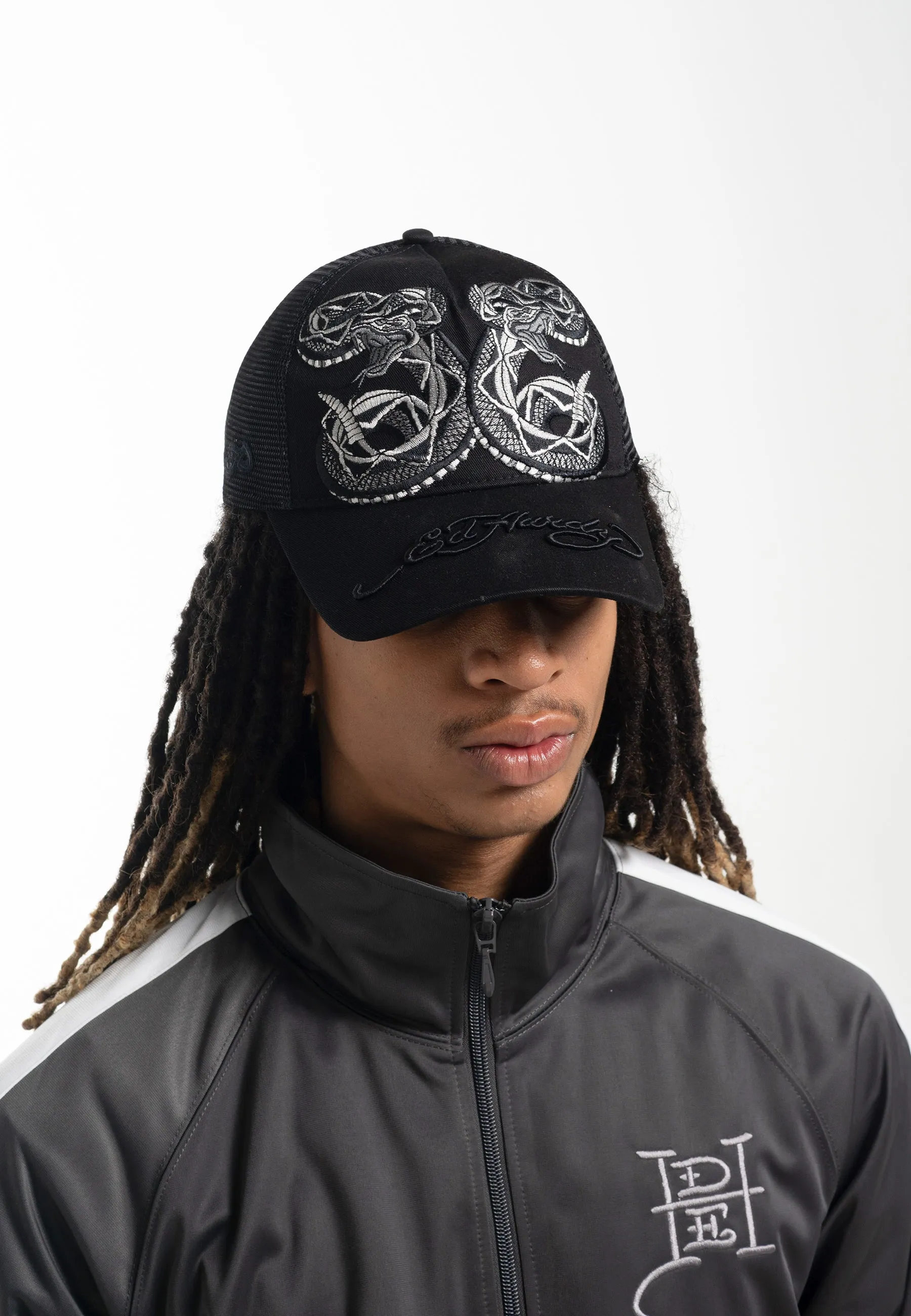 Unisex Duo Black Snake Twill Front Mesh Trucker - Black/Black